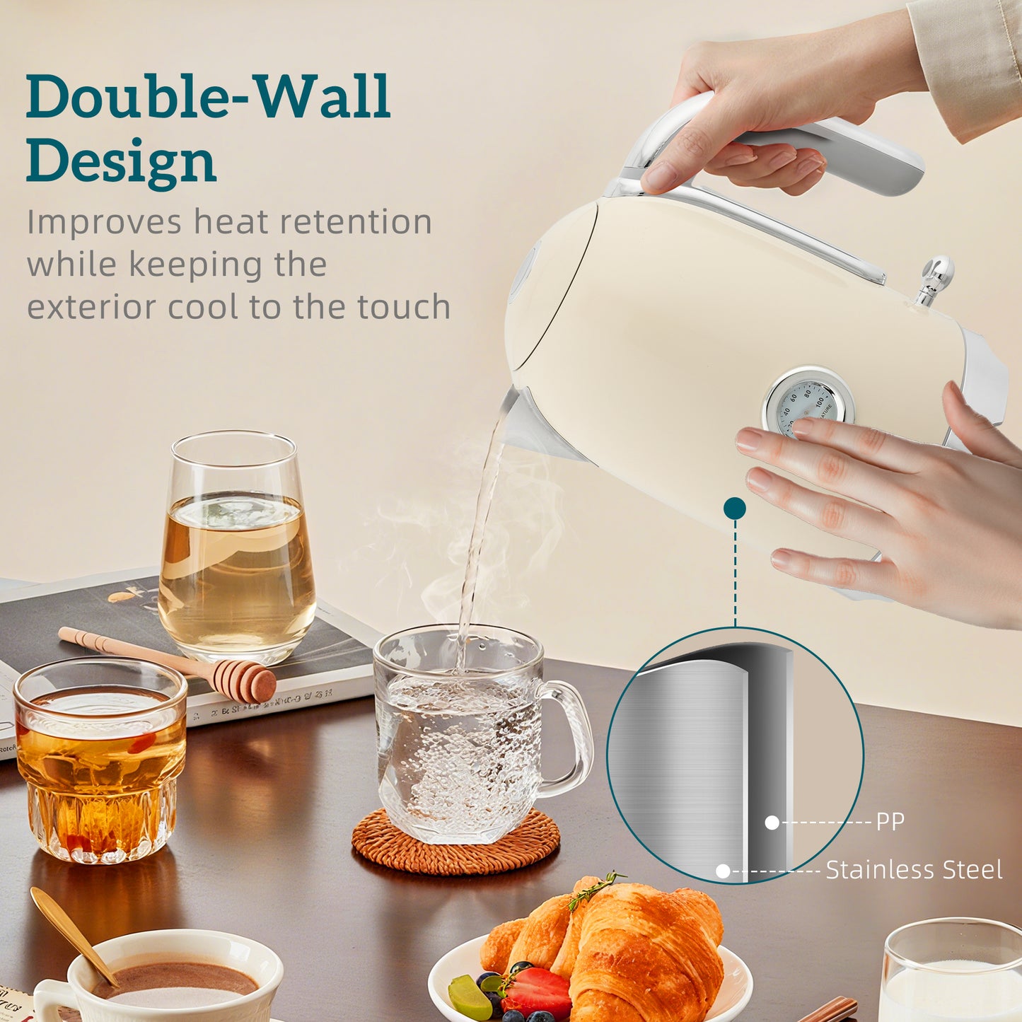HOMCOM Retro Toaster and Kettle Set Cream With Silver Tone Accents and Curved 1.7L Kettle