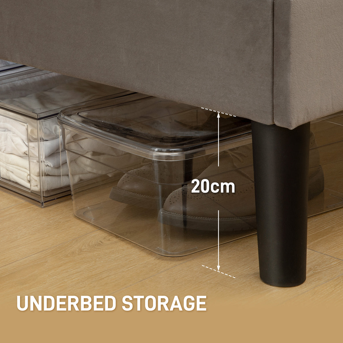 Double bed frame with underbed storage clearance under the slatted base