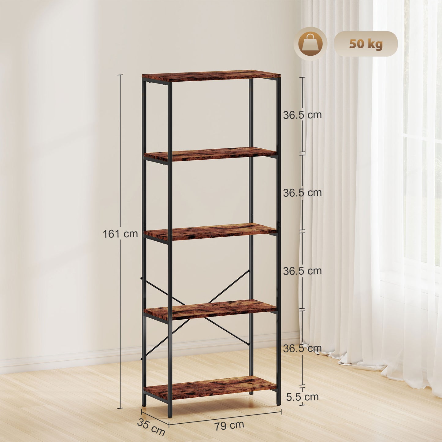 HOMCOM Five Tier Bookshelf Industrial Bookcase With Metal Frame Rustic Brown And Black