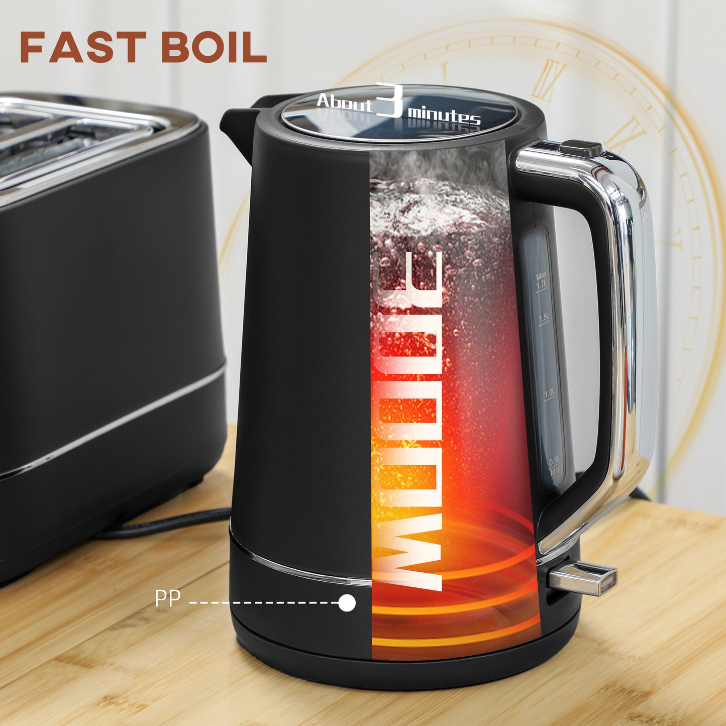 HOMCOM Black Kettle And Toaster Set 1.7L 3000W Fast Boil Kettle And 2 Slice Toaster With Defrost Reheat