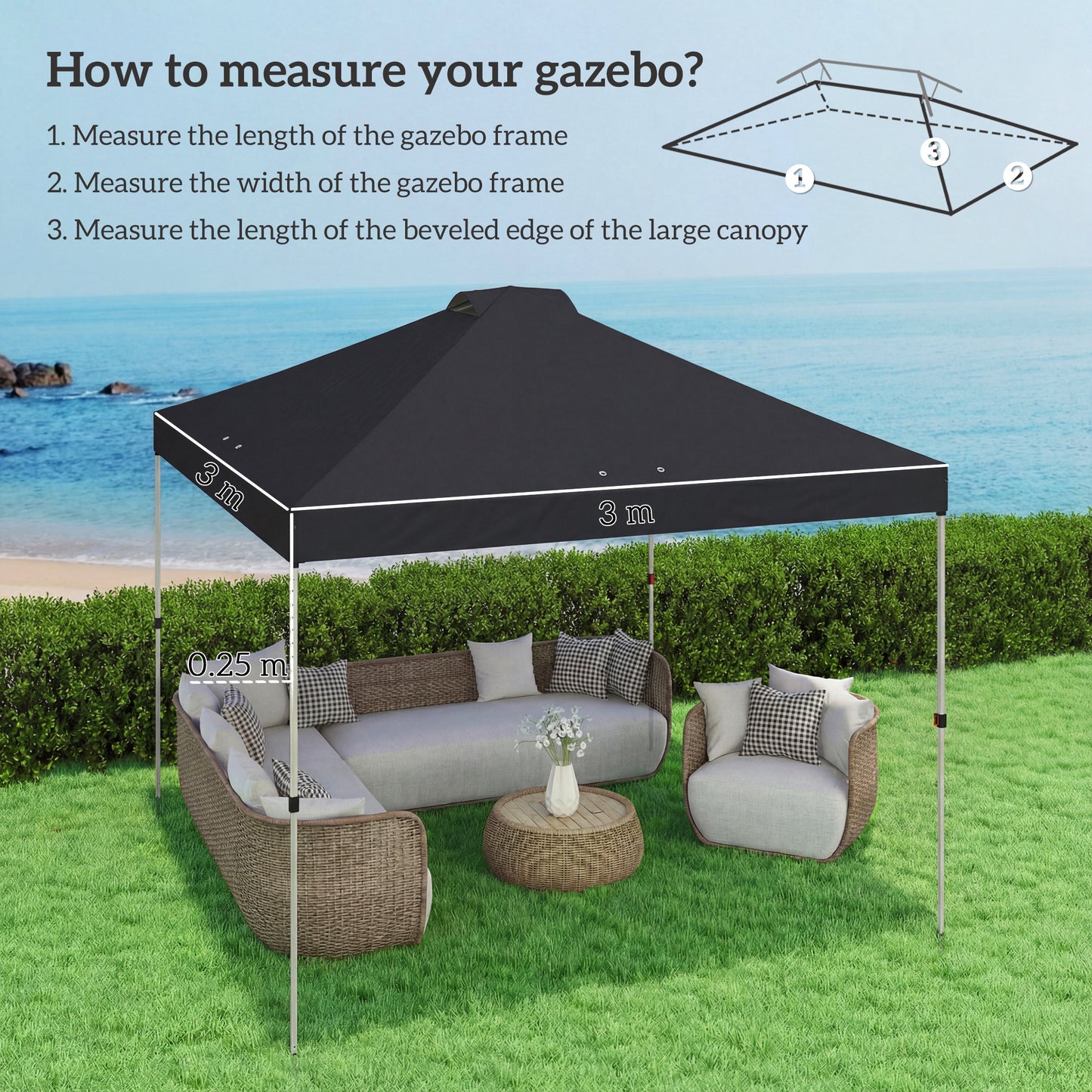 Outsunny Gazebo Roof Replacement UV50 Plus Waterproof Pop Up Canopy Cover With 8 Drainage Holes 3x3 m Black