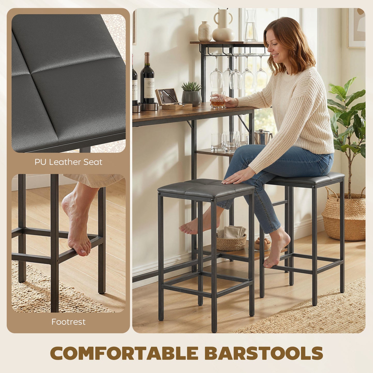 HOMCOM 3 Piece Breakfast Bar Table And Stools Set In Rustic Brown With 4 Tier Shelving And Wine Glass Racks