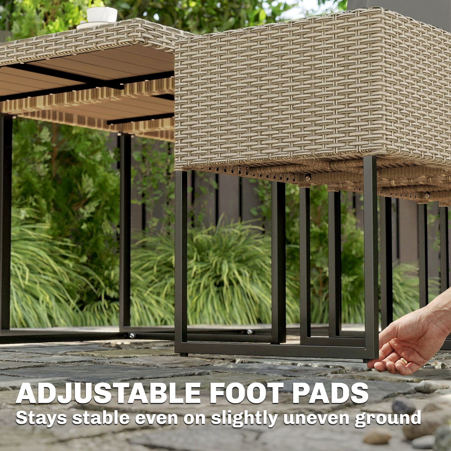 Outsunny 7 Piece Rattan Garden Furniture Set With Wood Plastic Table And 6 Stackable Chairs Light Grey