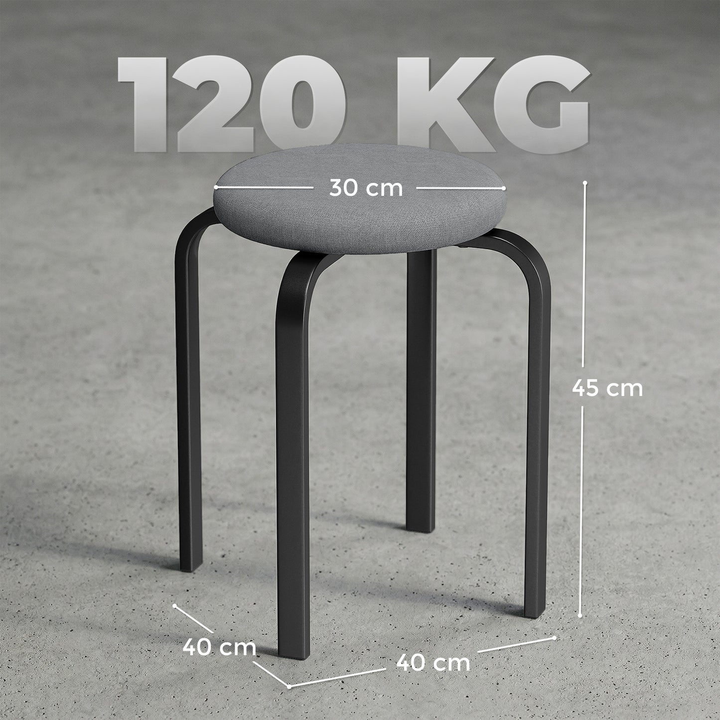 HOMCOM Stackable Cushioned Round Backless Stools Set of 4 for Kitchen Dining Room in Dark Grey