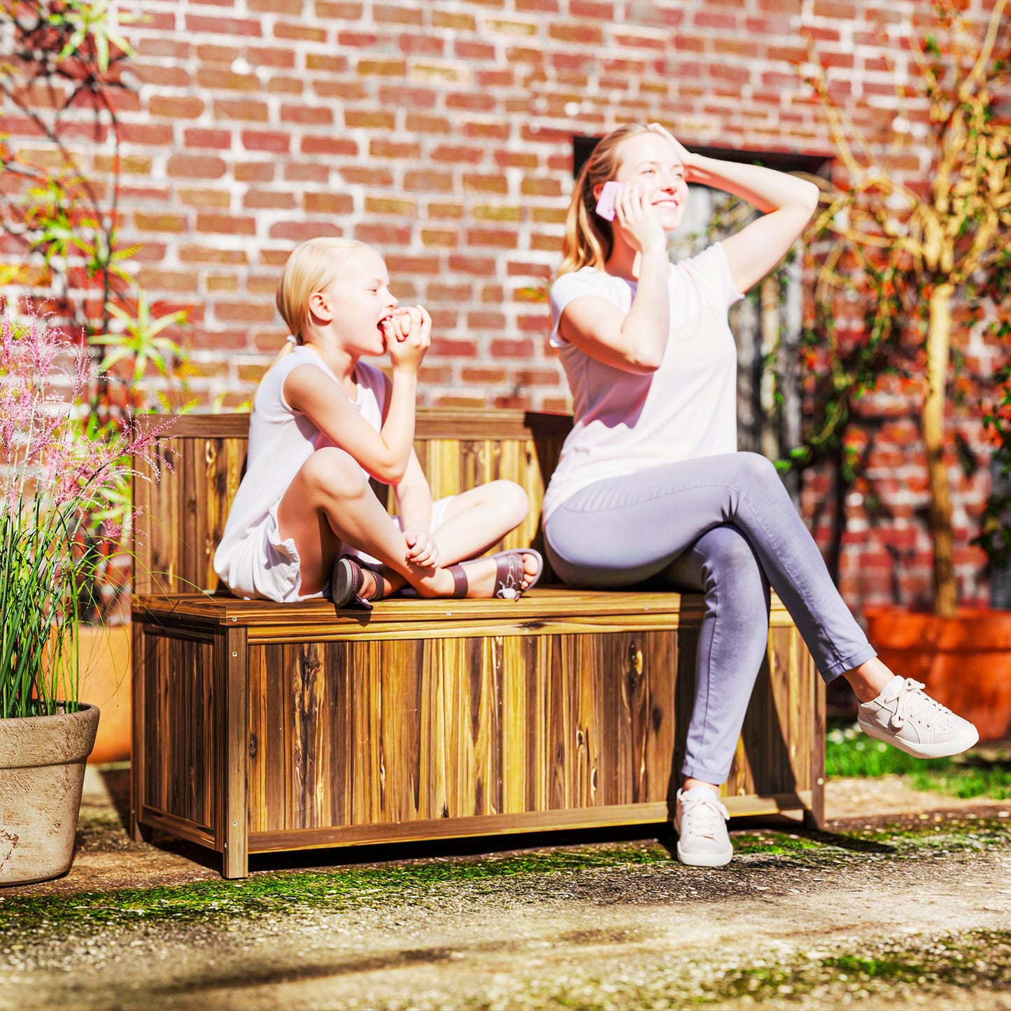 Outsunny Wood Storage Bench For Patio Furniture Outdoor Garden Storage Brown With Varnished Fir Wood