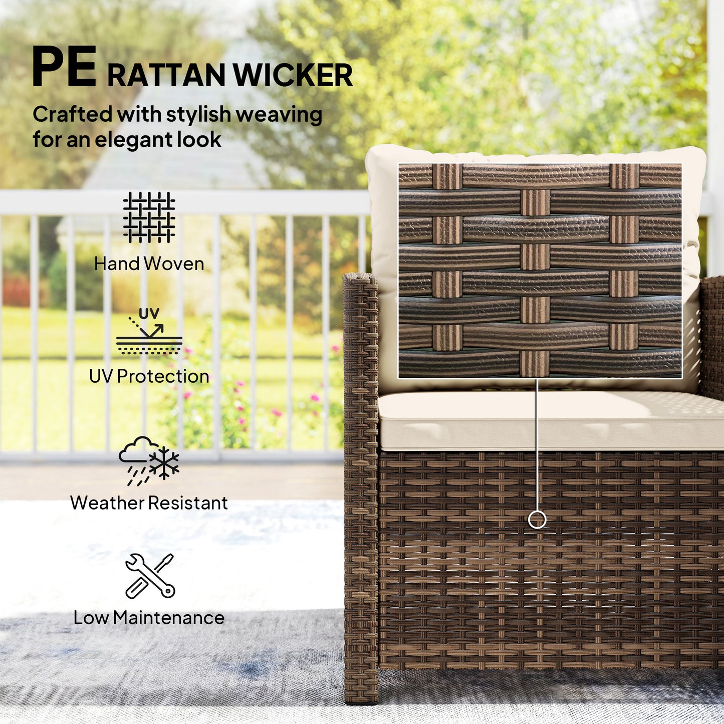Outsunny Rattan Bistro Set 3 Piece Garden Furniture With Glass Top Table And Cushions Mixed Brown