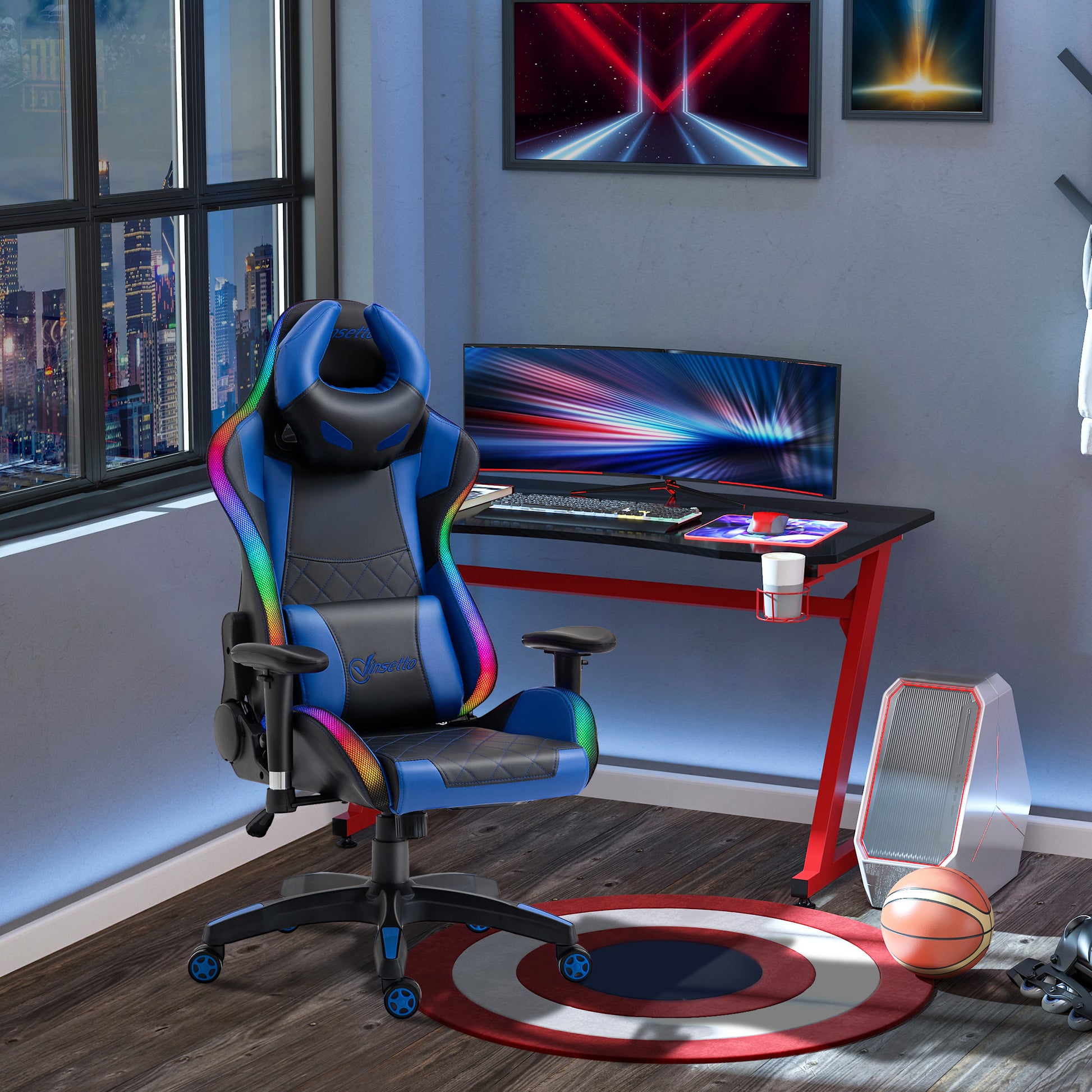 Vinsetto High Back Racing Gaming Chair with RGB LED Lights, Adjustable Lumbar Support, and Swivel Mobility for Home Office - ALL4U RETAILER LTD