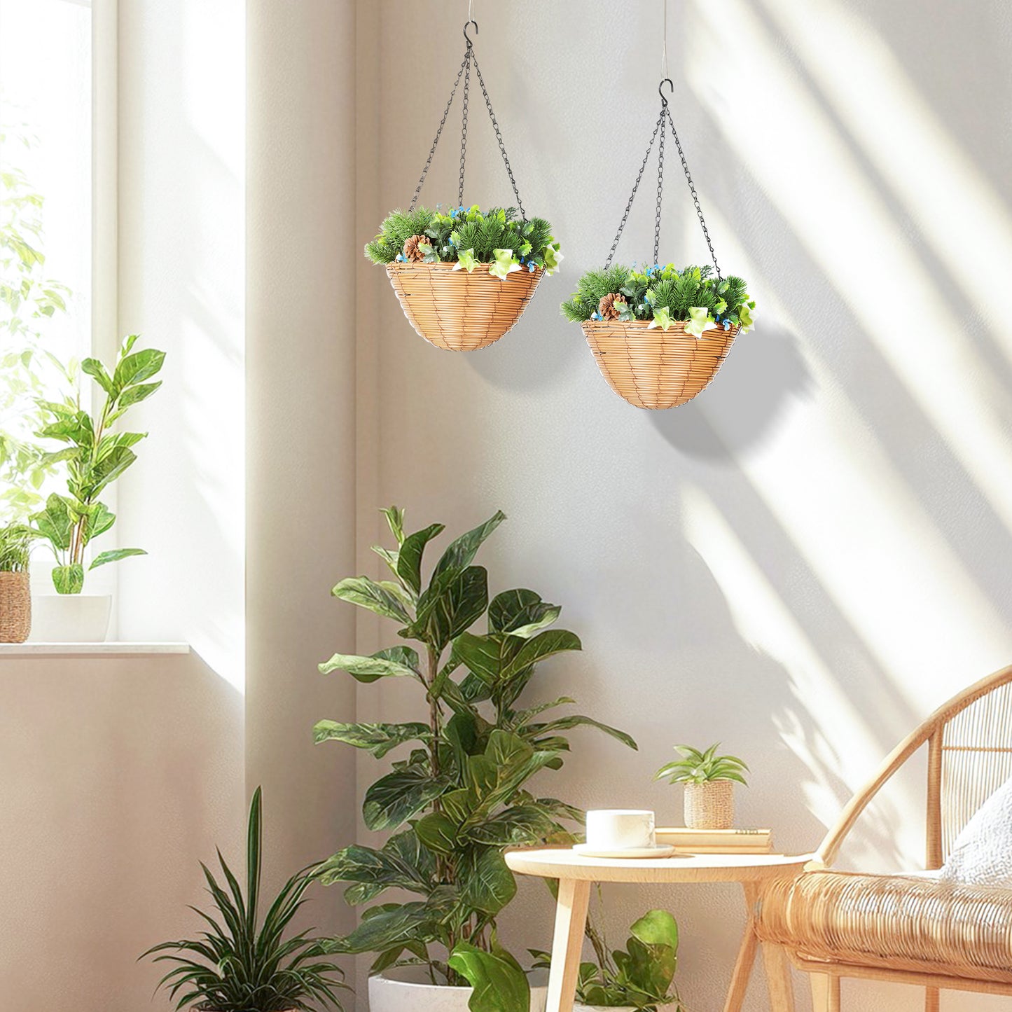 HOMCOM Pack of 2 Faux Lisianthus Flowers Hanging Planters with Basket PE Leaves 18 Flowers and 3 Pinecones