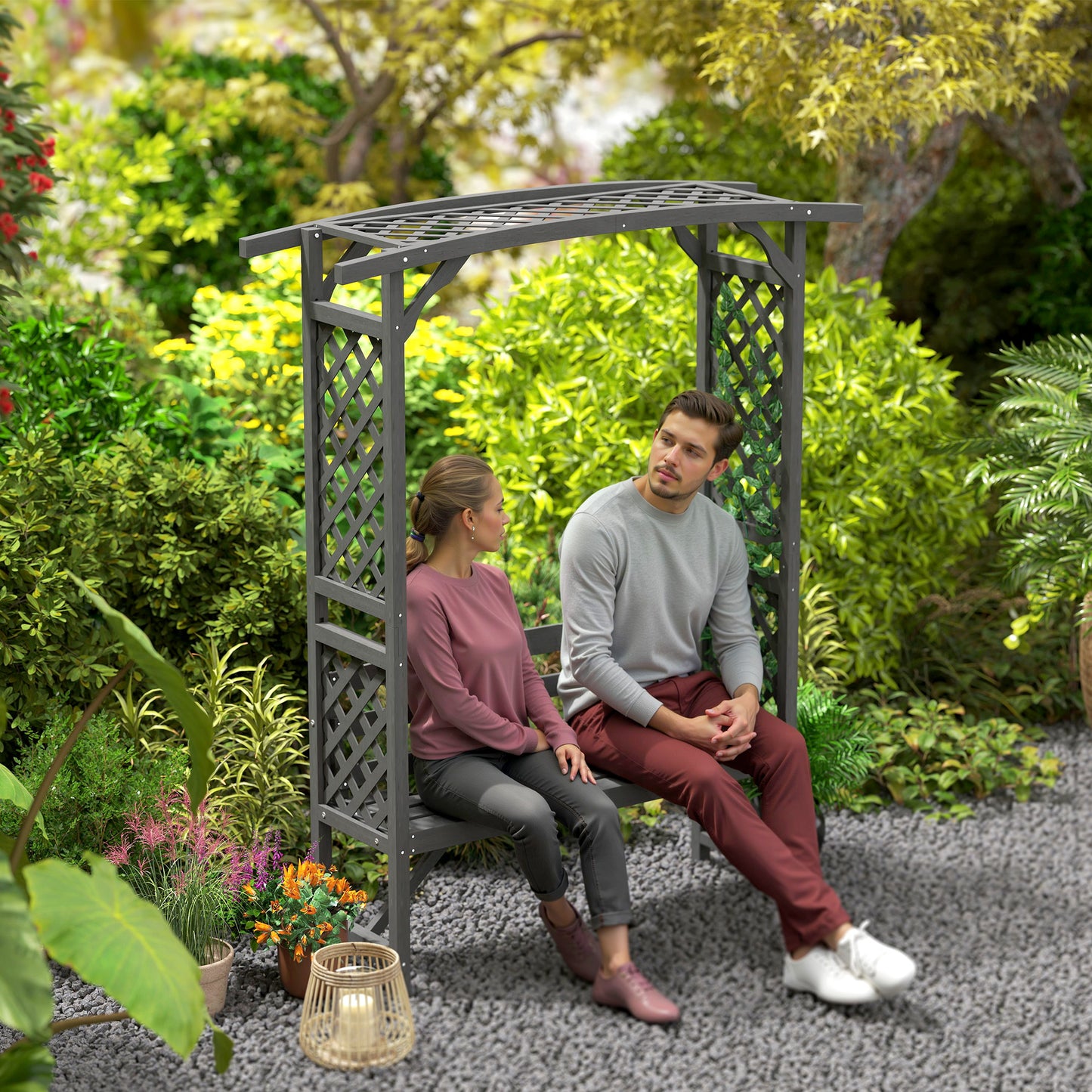 Outsunny Wooden Garden Arbour Bench With Trellis For Climbing Plants And Vines Grey Finish