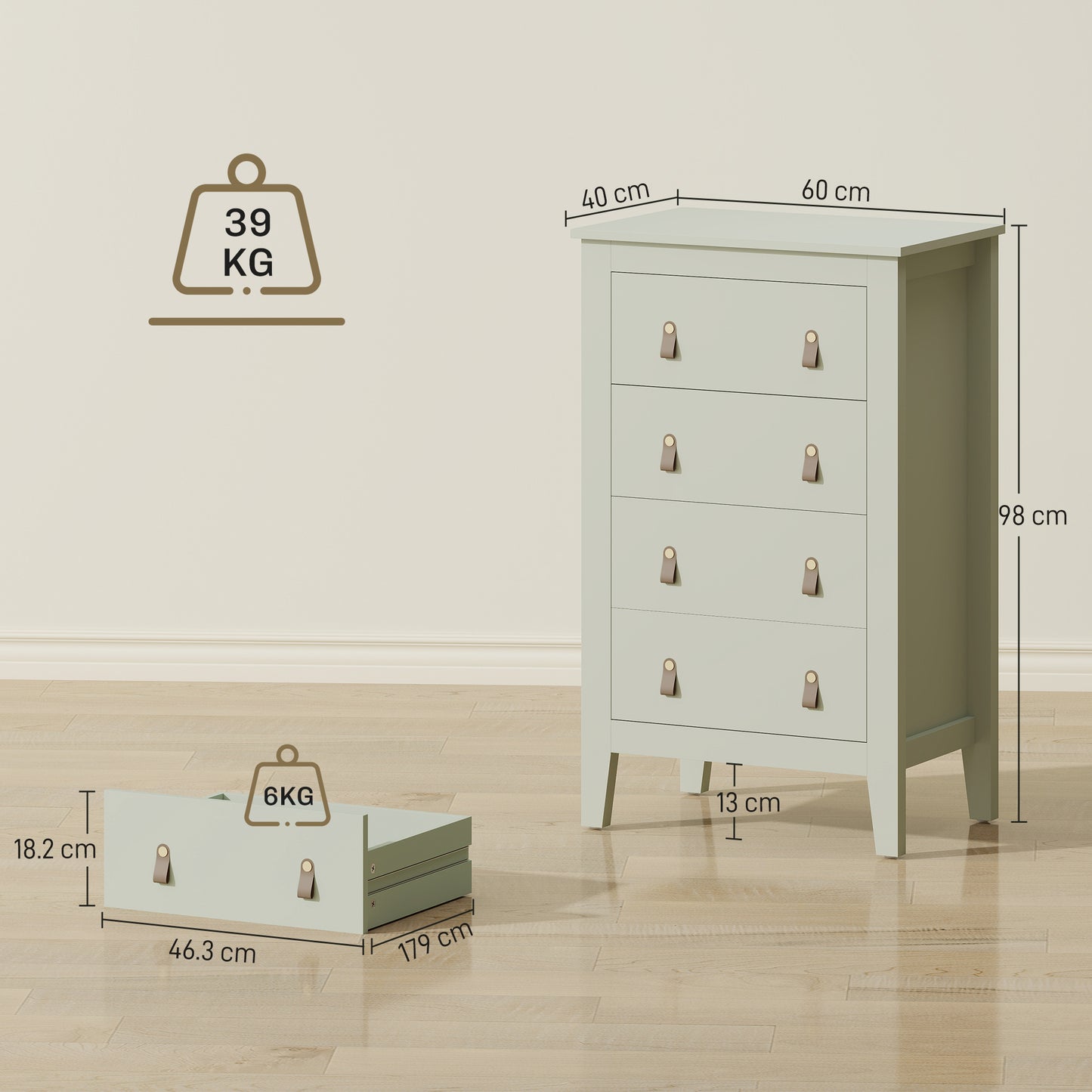 HOMCOM Modern 4 Drawer Dresser Cabinet For Living Room With PU Leather Handles And Metal Runners 60 X 40 X 98 Cm Green