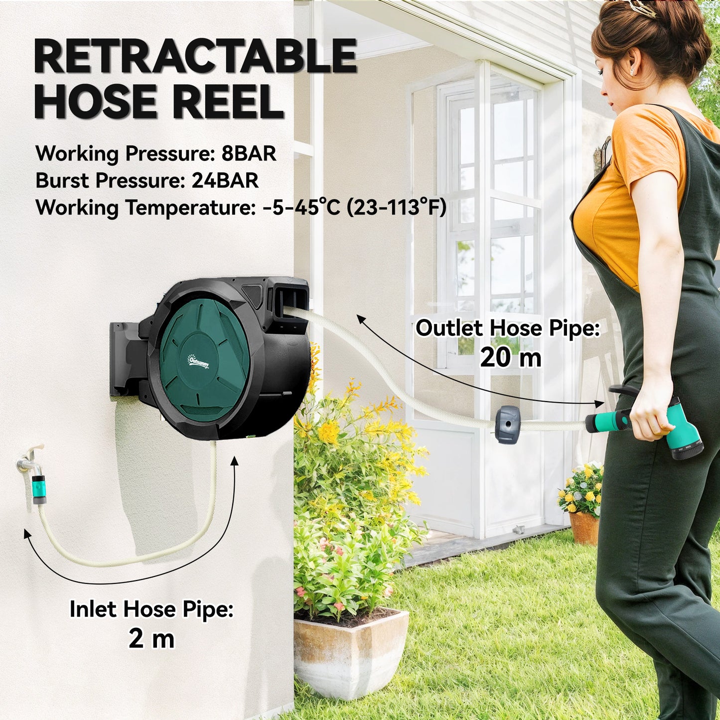 Outsunny Retractable Hose Reel Wall Mounted 20m And 2m Hose With Auto Rewind 180 Degree Swivel 7 In 1 Nozzle Black