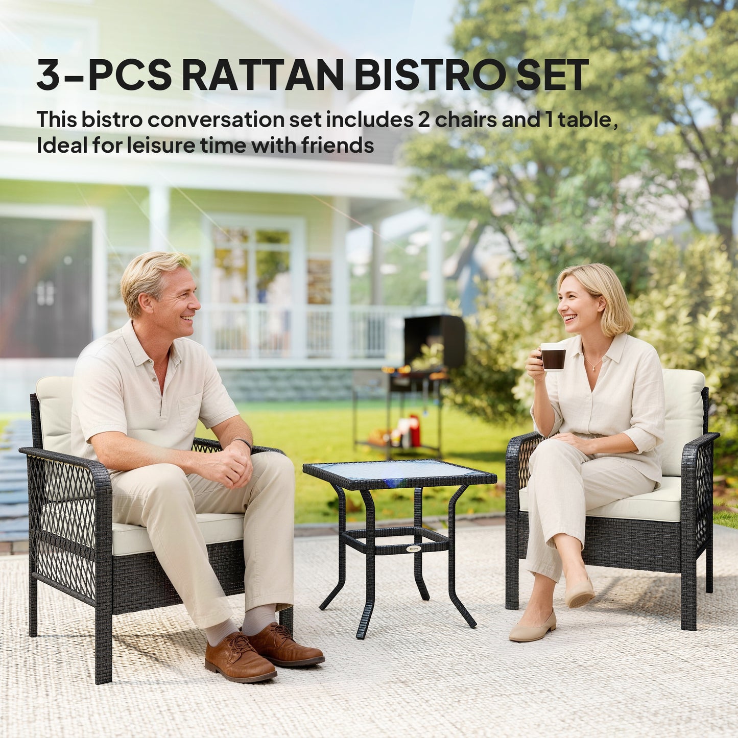 Outsunny 3 Piece Rattan Bistro Set With Glass Top Coffee Table And Cushioned Chairs For Outdoor Patio Balcony Cream