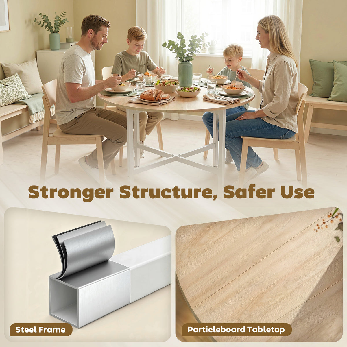 Natural wood round dining table with steel frame and particleboard tabletop