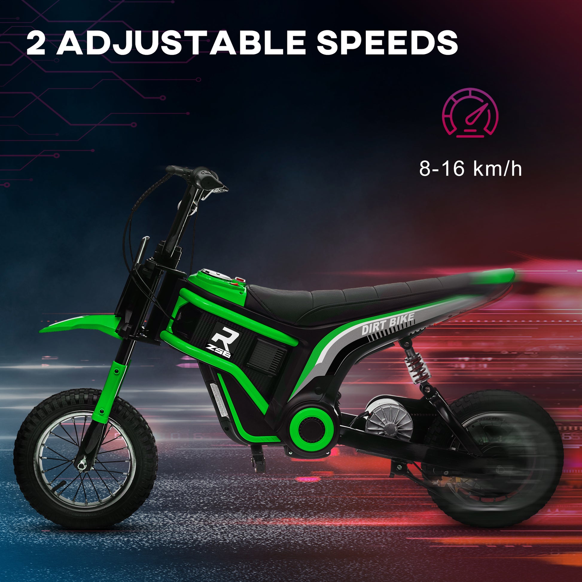 HOMCOM 24V Electric Motorbike Dirt Bike Twist Grip Throttle Music Horn 12" Pneumatic Tyres 16 Km/h Max Speed Green - ALL4U RETAILER LTD