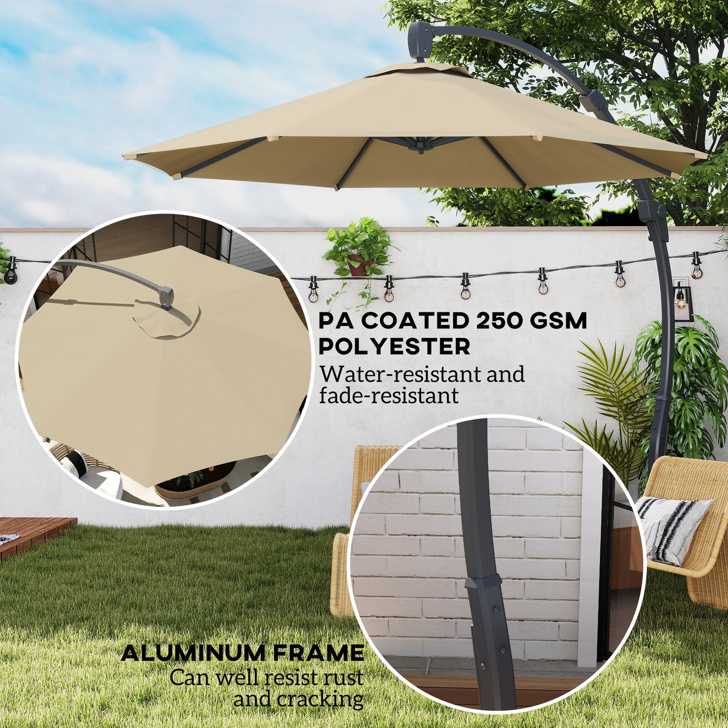 Outsunny 3M Garden Cantilever Parasol With Crank Round Umbrella Aluminium Frame Cross Base 360 Rotation Khaki