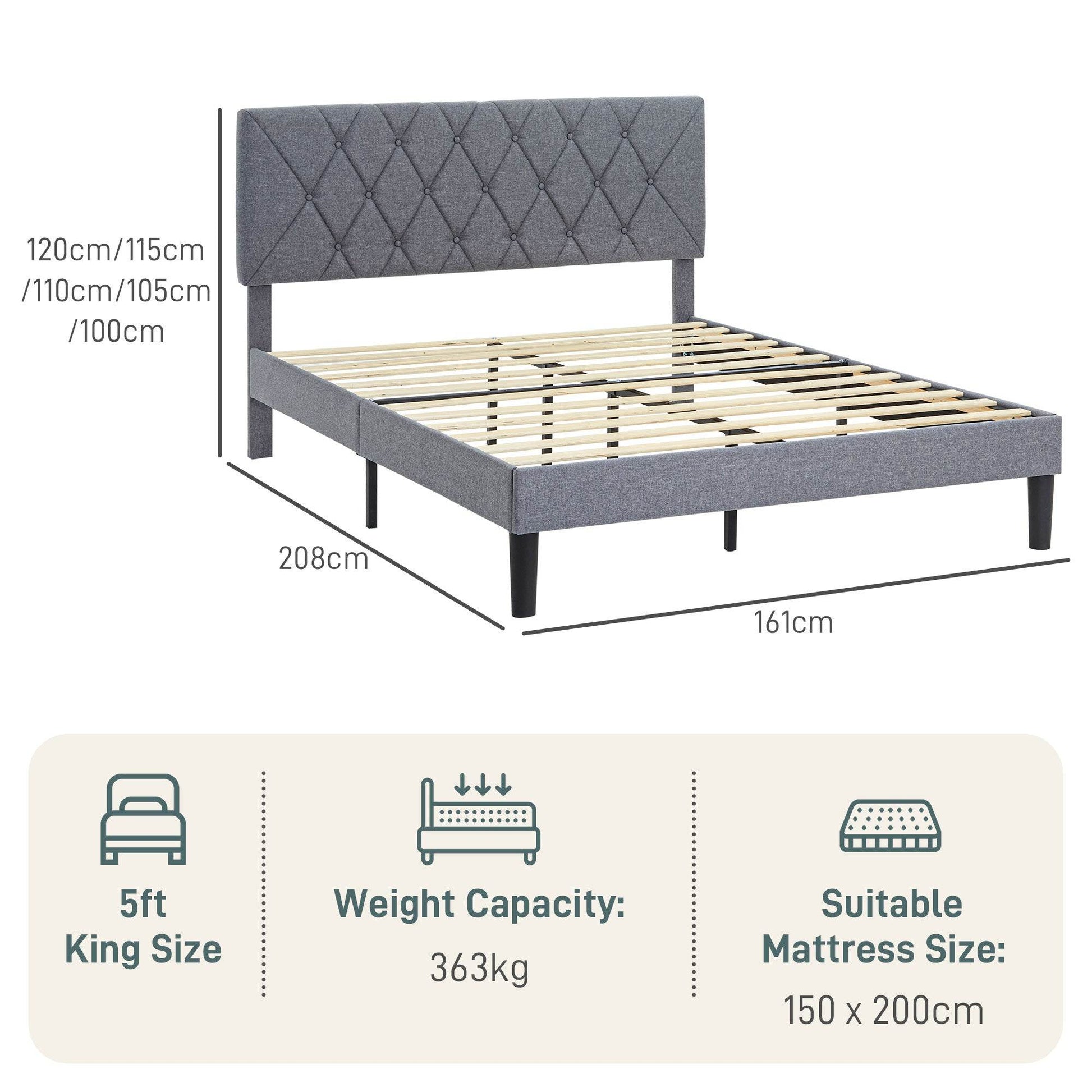 HOMCOM Adjustable King Size Upholstered Bed Frame with Padded Headboard - Grey - ALL4U RETAILER LTD