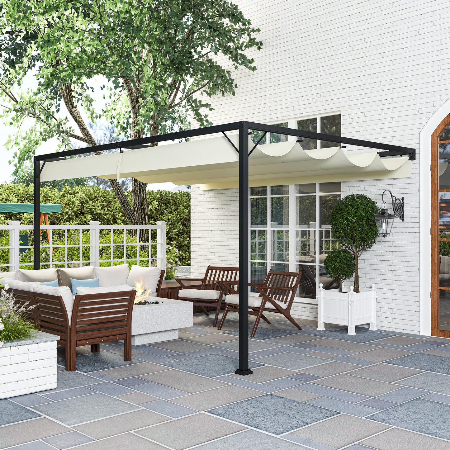 Outsunny 4x3 M Pergola With Sliding Canopy Cream Outdoor Gazebo For Shade And Dining