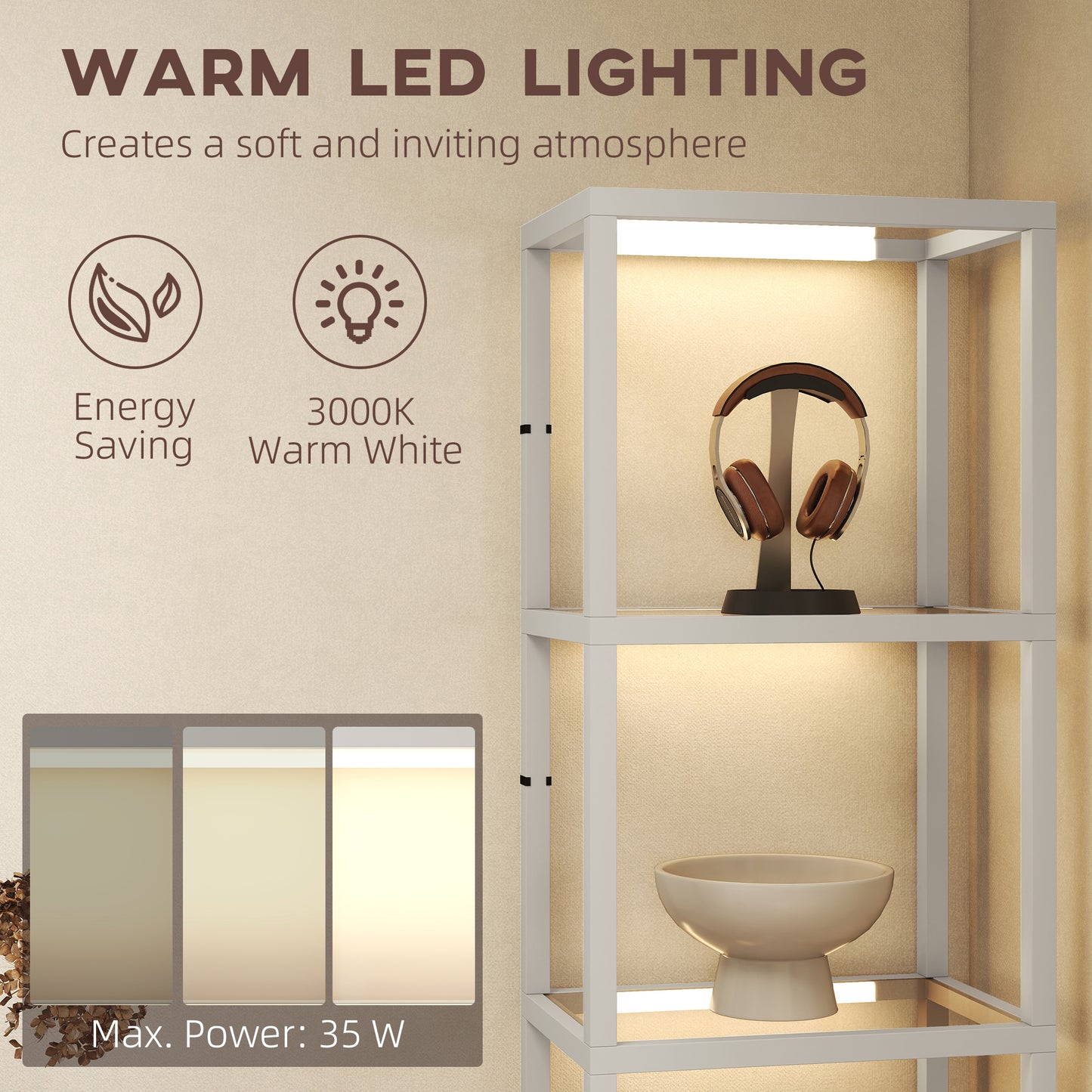 HOMCOM Four Shelf Floor Lamp With Tempered Glass Shelves Warm White LEDs Three Brightness Levels Grey