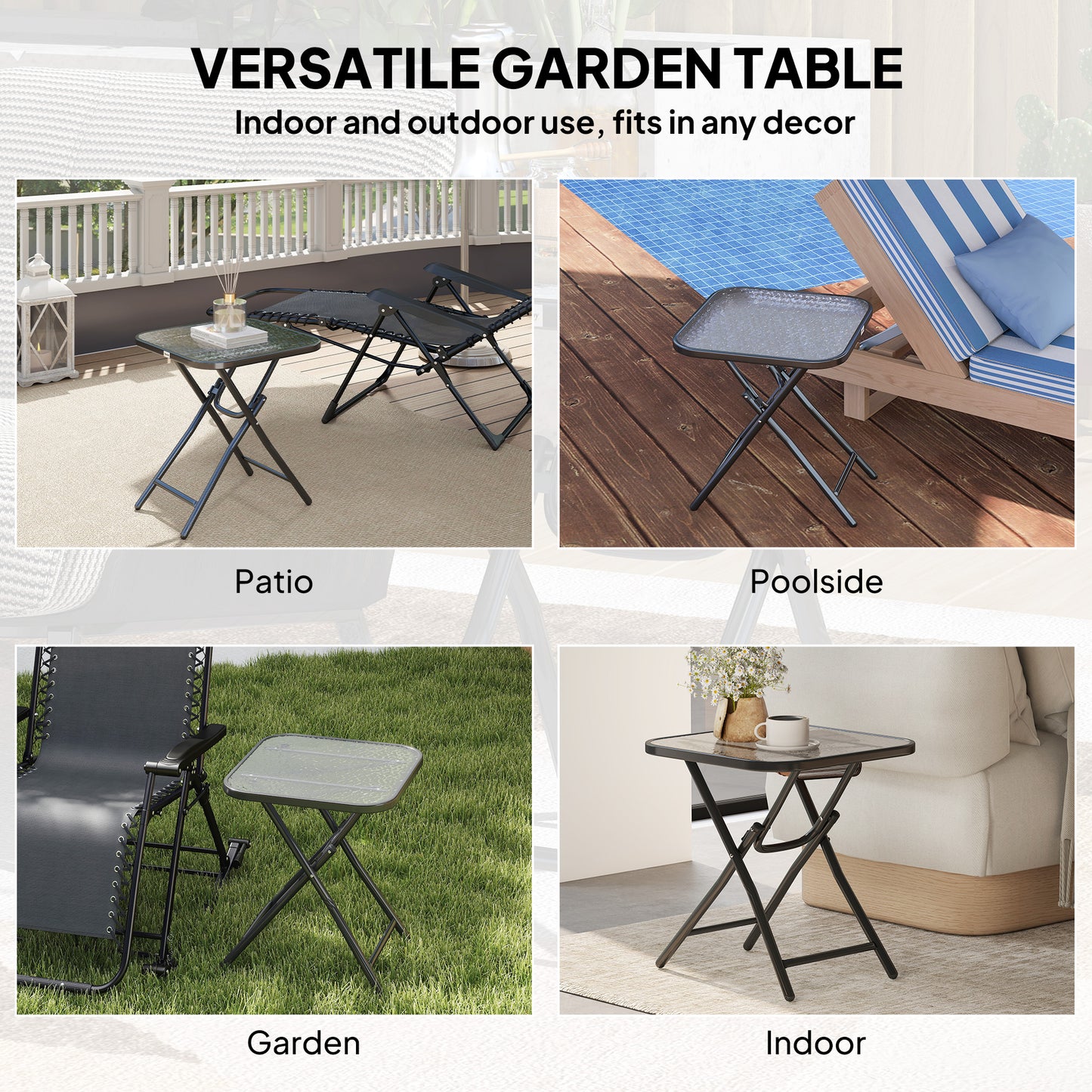 Outsunny Foldable Garden Table Square 45x45 cm With Ripple Glass Top Black 50 cm High Patio Balcony Coffee Table