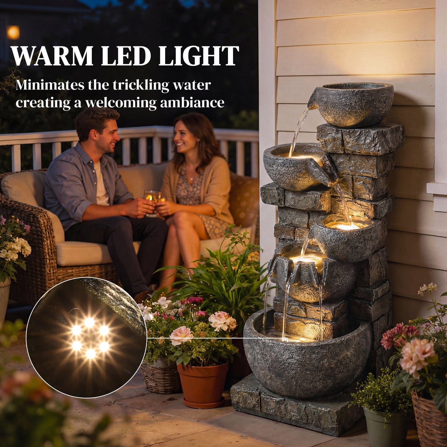 Outsunny Outdoor Water Fountain With LED Lights 80 Cm Five Tiers Cascading Water Feature For Garden Patio Home Decor