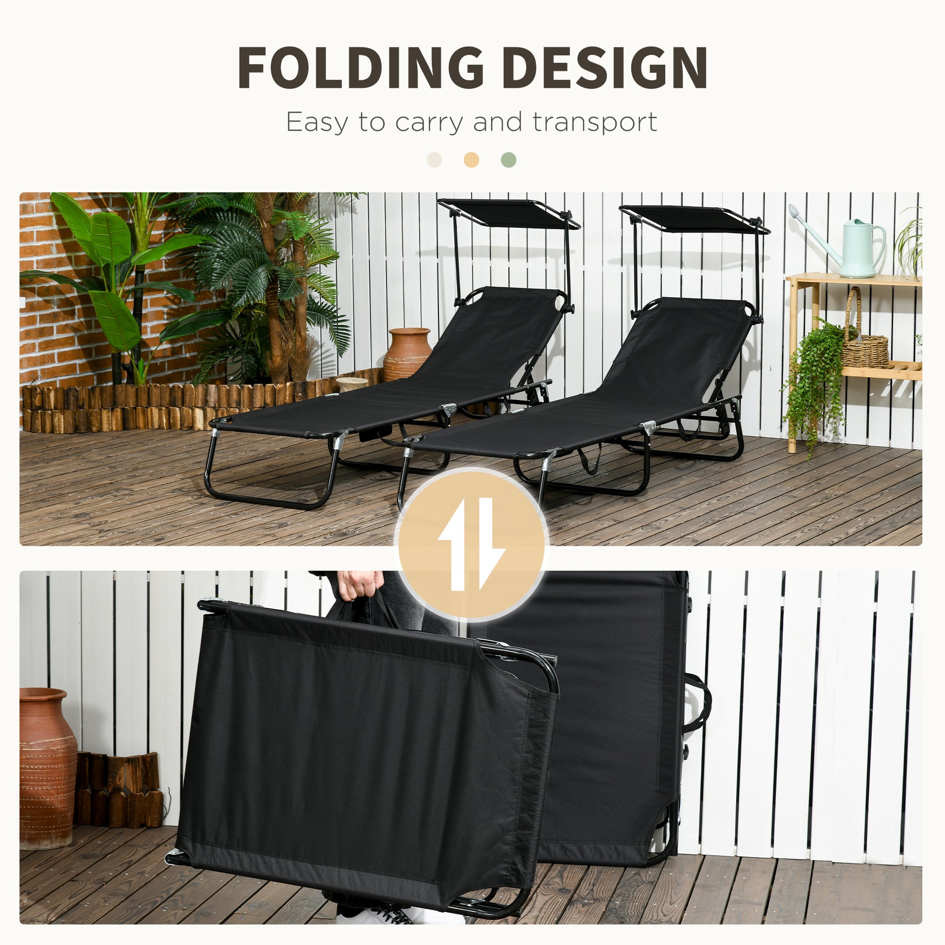 Outsunny Set of 2 Adjustable Folding Sun Loungers with Sunshade - Outdoor Patio Chairs for Relaxation and Tanning - ALL4U RETAILER LTD