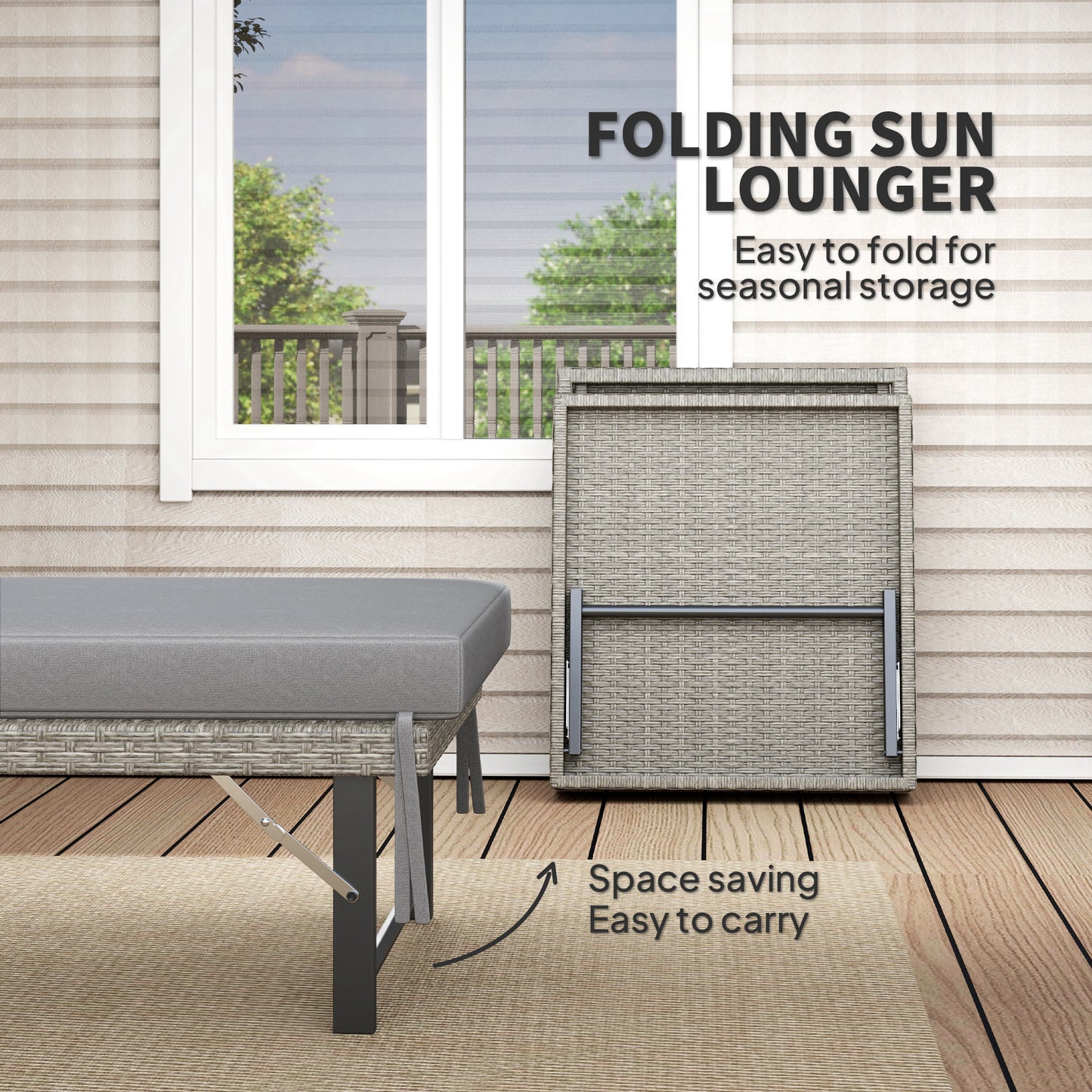 Outsunny Single Folding Rattan Sun Lounger With Cushion Grey Adjustable Back Six Position