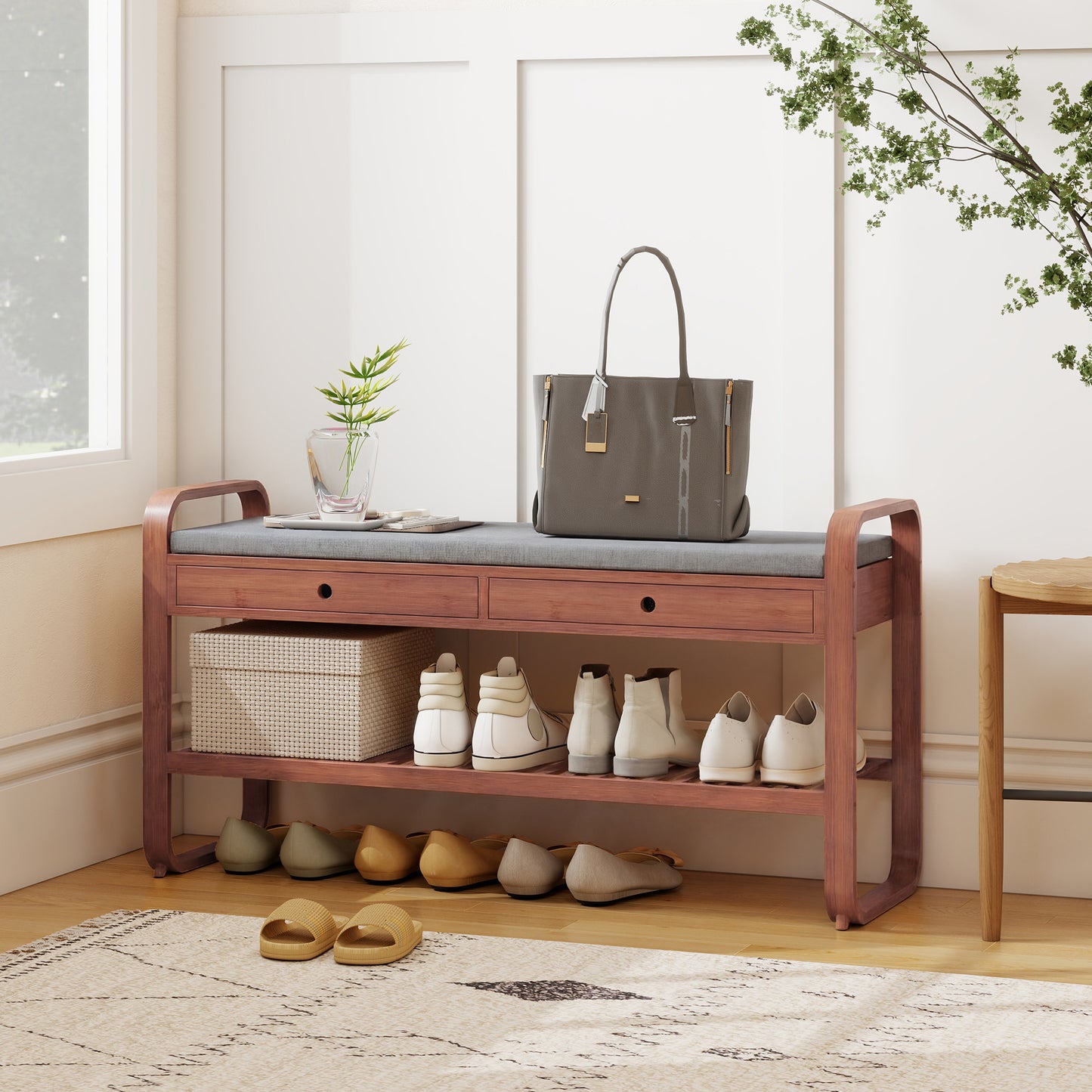 HOMCOM Shoe Bench With 2 Drawers Cushioned Seat Hallway Storage 105 cm Dark Brown And Grey