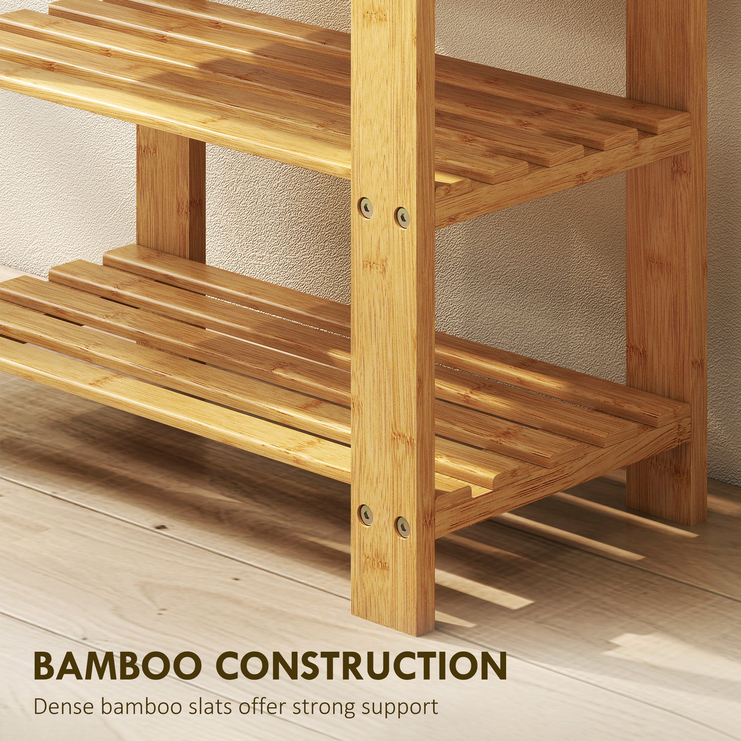 HOMCOM Two Shelf Bamboo Shoe Storage Bench in Natural Finish Holds Four Pairs of Shoes