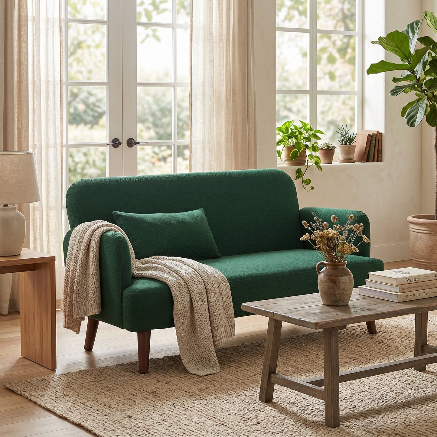 HOMCOM Velvet Feel Fabric 2 Seater Sofa Dark Green With 21cm Thick Padding And Wood Legs