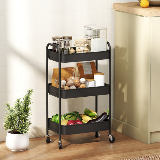 HOMCOM Three Tier Steel Storage Trolley Black Rolling Cart With Three Baskets For Home Kitchen Laundry Office