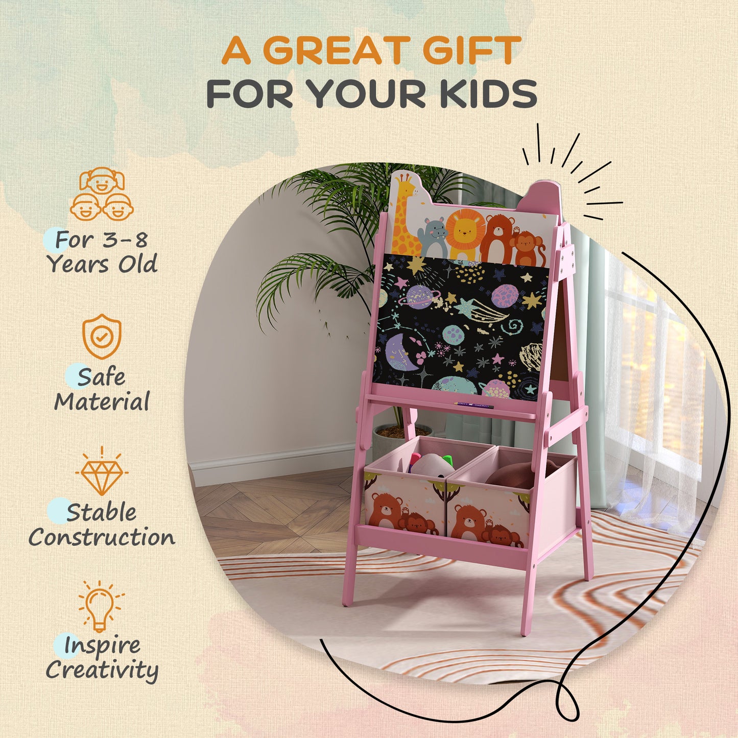 AIYAPLAY 2 In 1 Kids Easel With Whiteboard And Chalkboard Storage Boxes For Ages 3 To 8 Pink