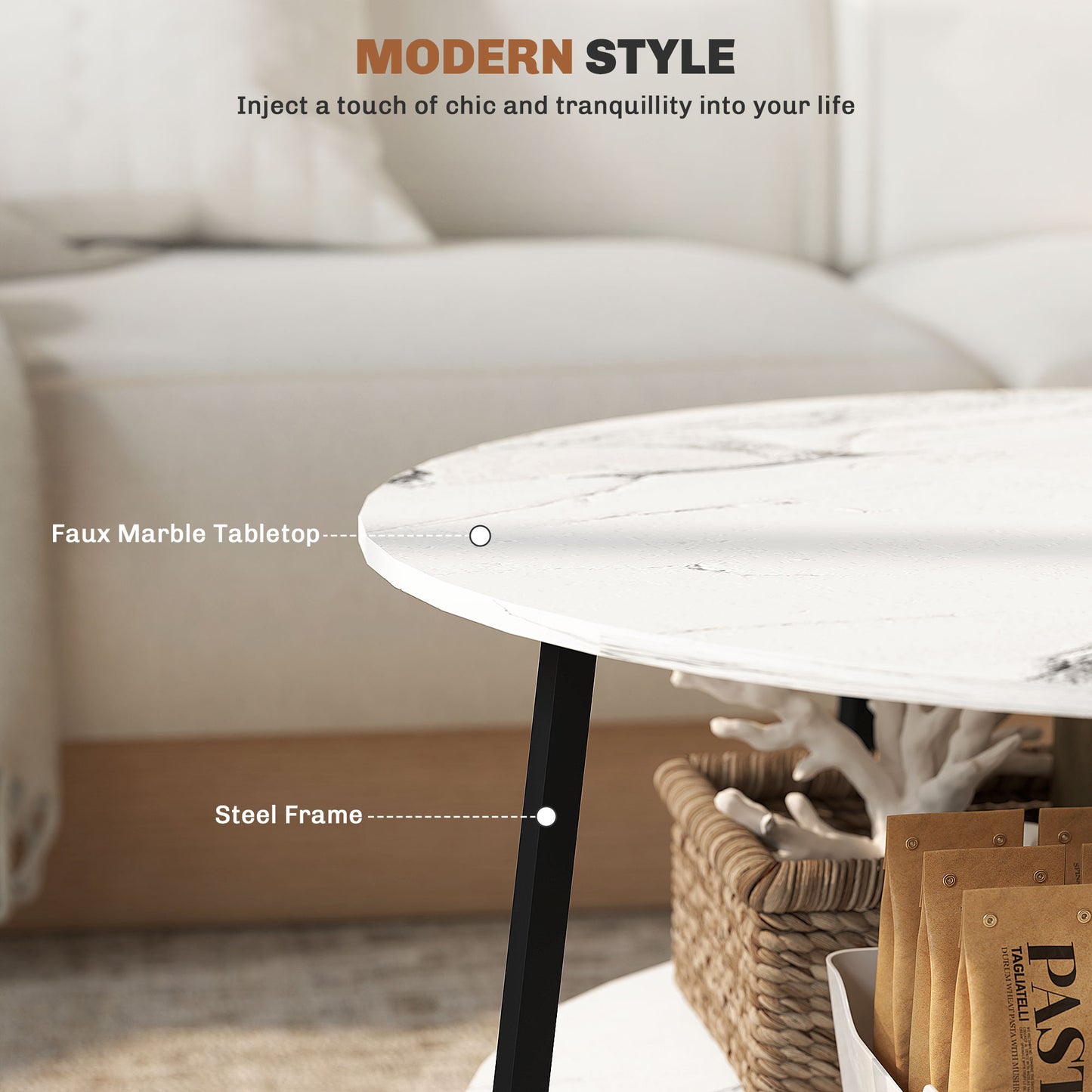 HOMCOM Round Two Tier Marble Effect Coffee Table White Black Finish With Adjustable Foot Pads