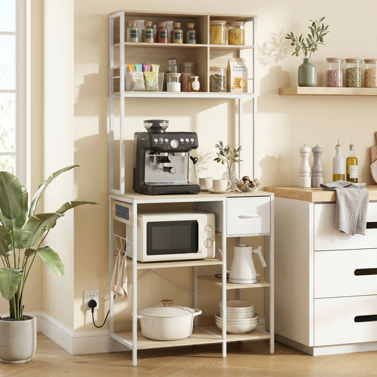 HOMCOM Kitchen Baker's Rack With Microwave Stand And Storage Shelves USB-C Charging Station 6 Hooks For Small Spaces