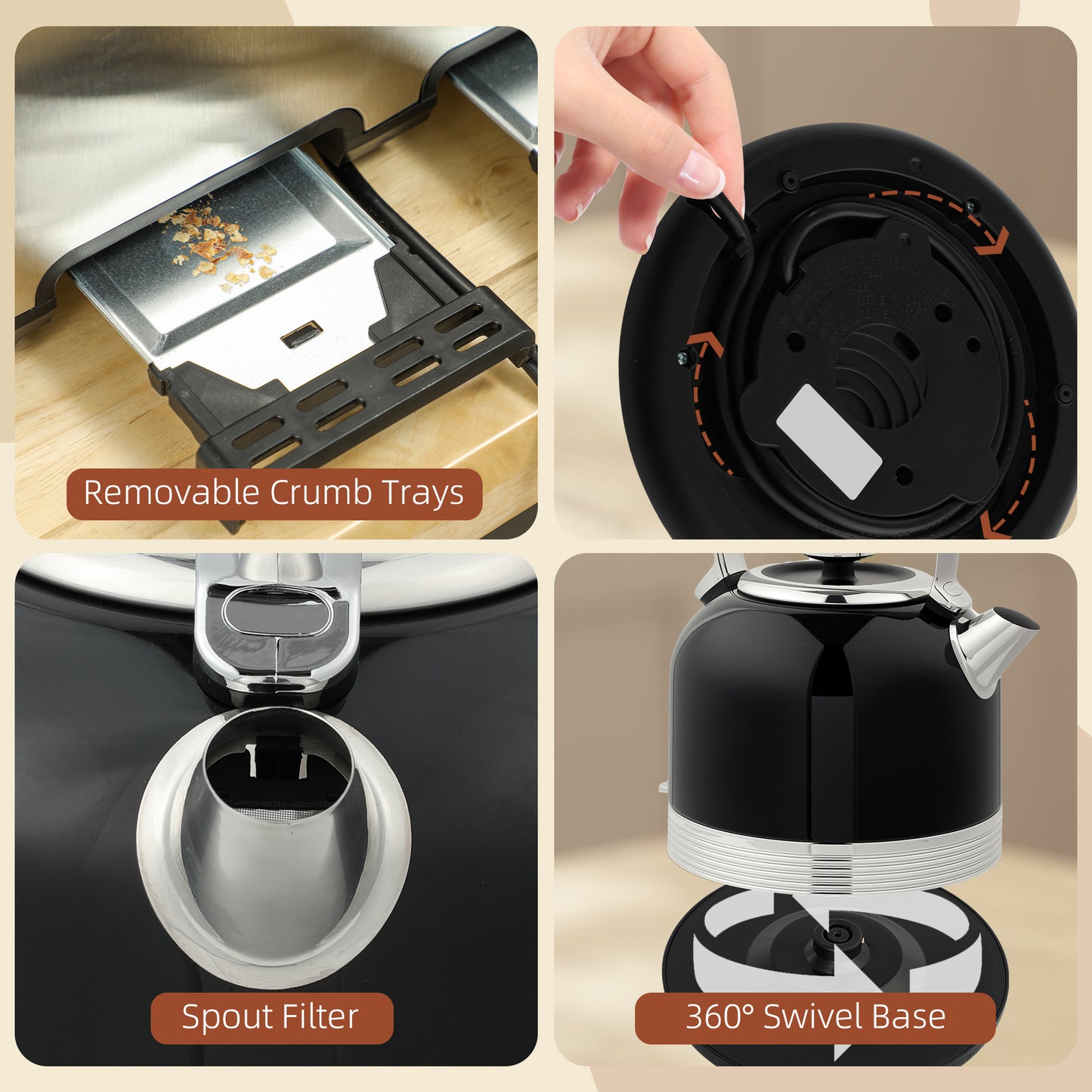 HOMCOM Polished Stainless Steel Kettle and Toaster Set Black, 3000W Kettle, Four Slice Toaster