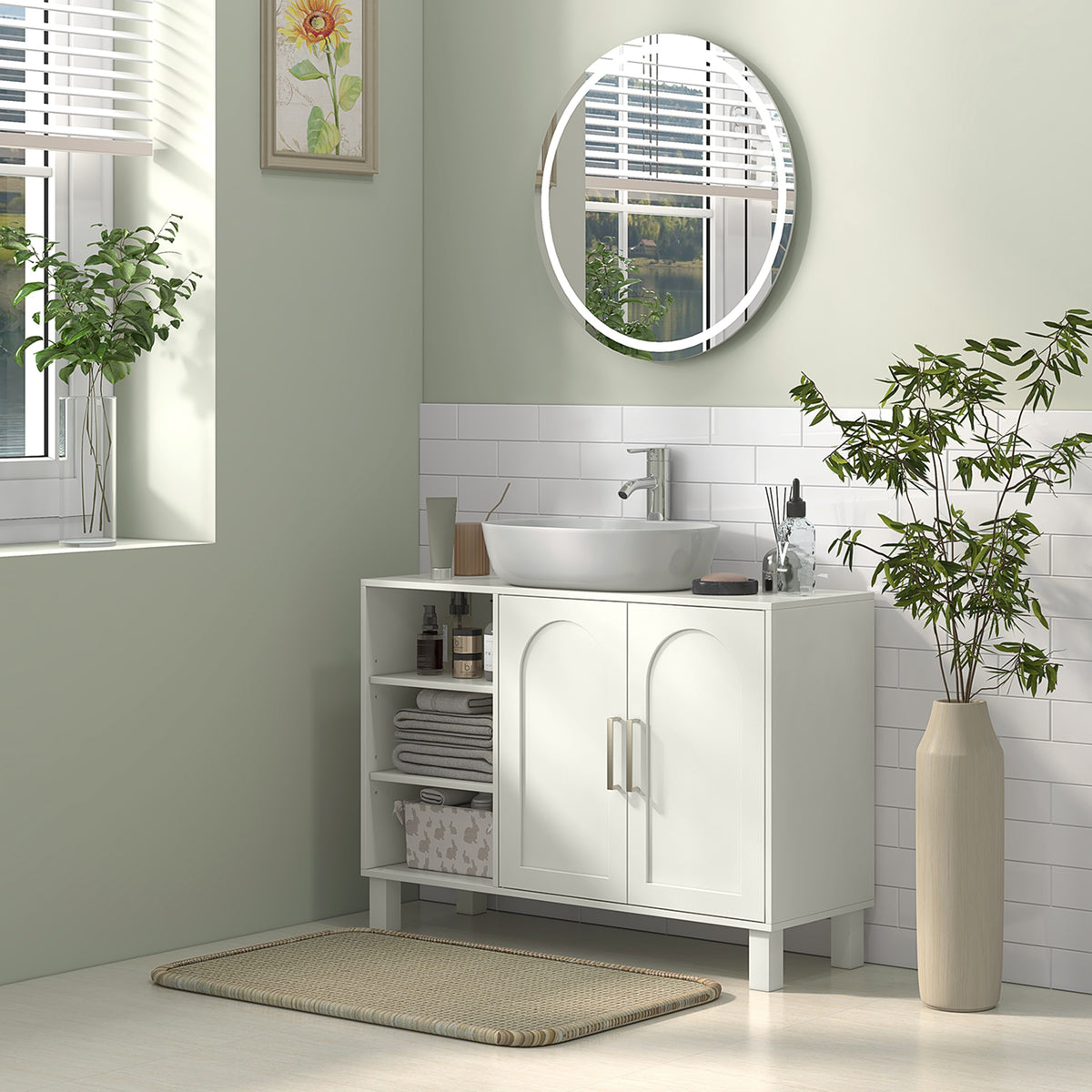 Cream bathroom under-sink cabinet with two doors and U-shaped basin cutout
