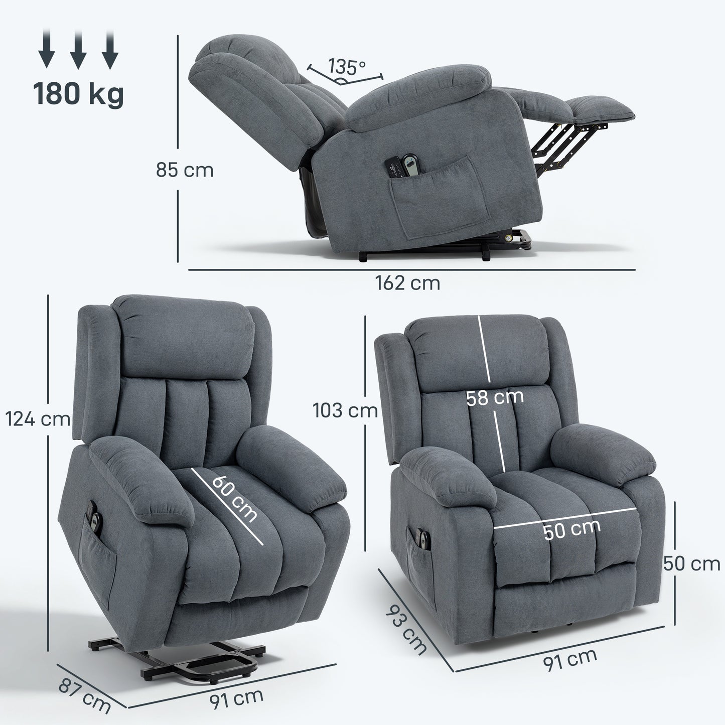 HOMCOM Power Lift Recliner Chair With Vibration Massage For Elderly Remote Control Footrest Side Pocket Grey