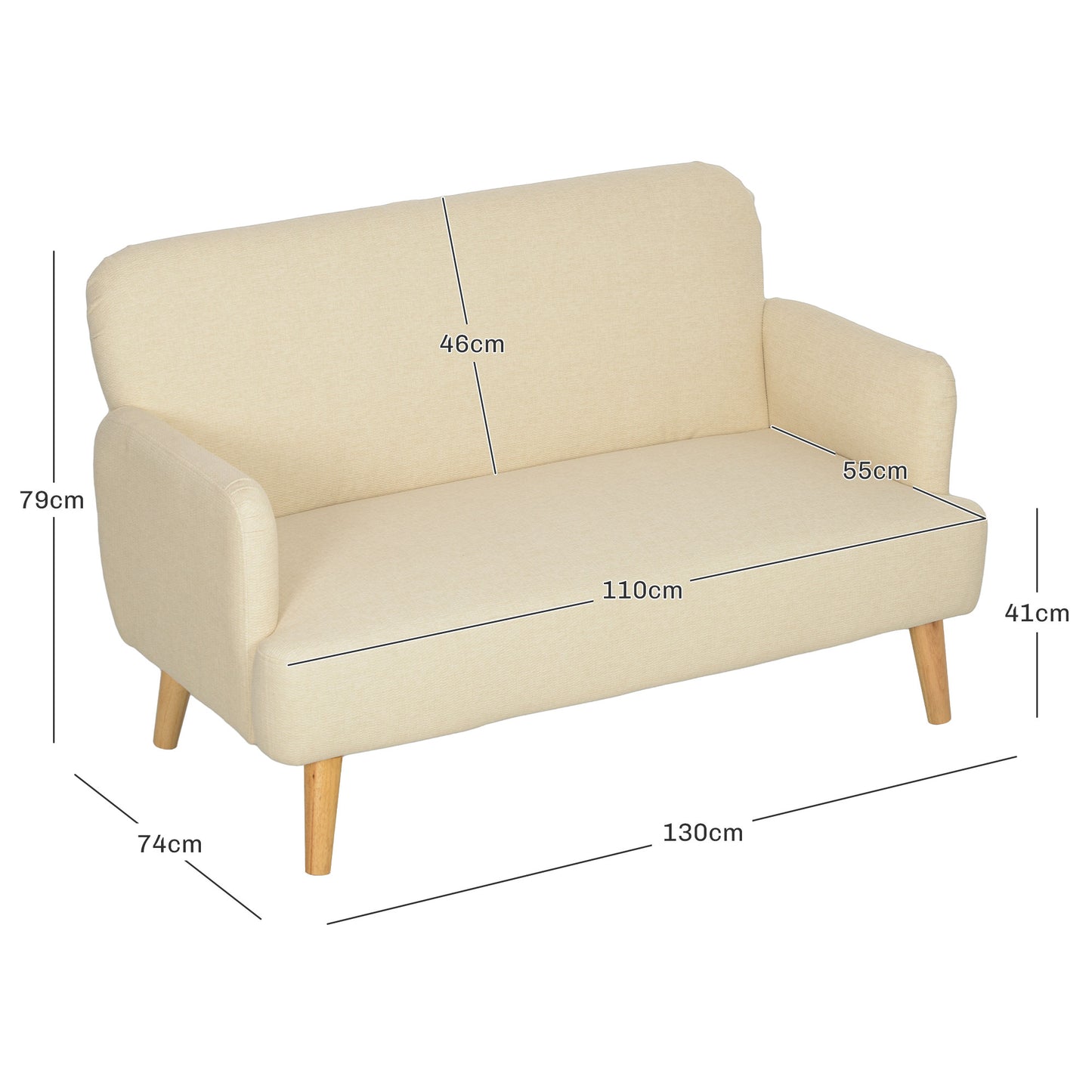 HOMCOM Velvet Feel Fabric 2 Seater Sofa Loveseat With 21cm Thick Padding And Wood Legs Cream White