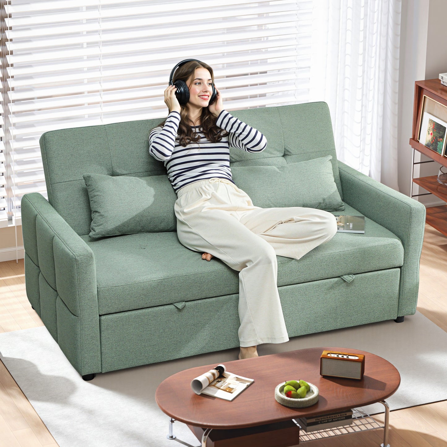 HOMCOM Three Way 2 Seater Sofa Bed With Three Position Back And Two Soft Pillows Green