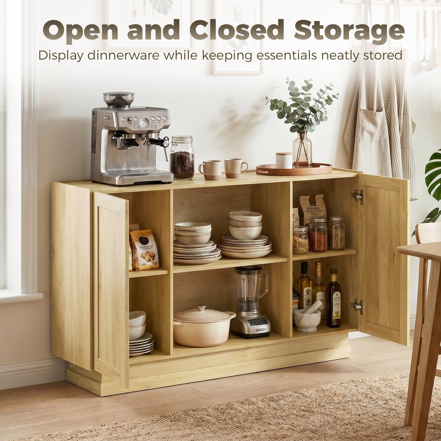 HOMCOM Sideboard Buffet Cabinet 133 cm Storage With 2 Open Shelves And 2 Cupboards Soft Close Doors Natural Finish