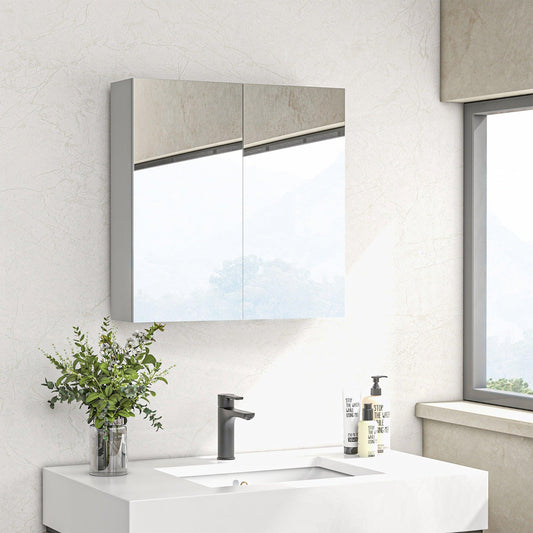 Kleankin Double Door Mirror Cabinet, Wall Mounted Bathroom Storage, High Gloss White - ALL4U RETAILER LTD