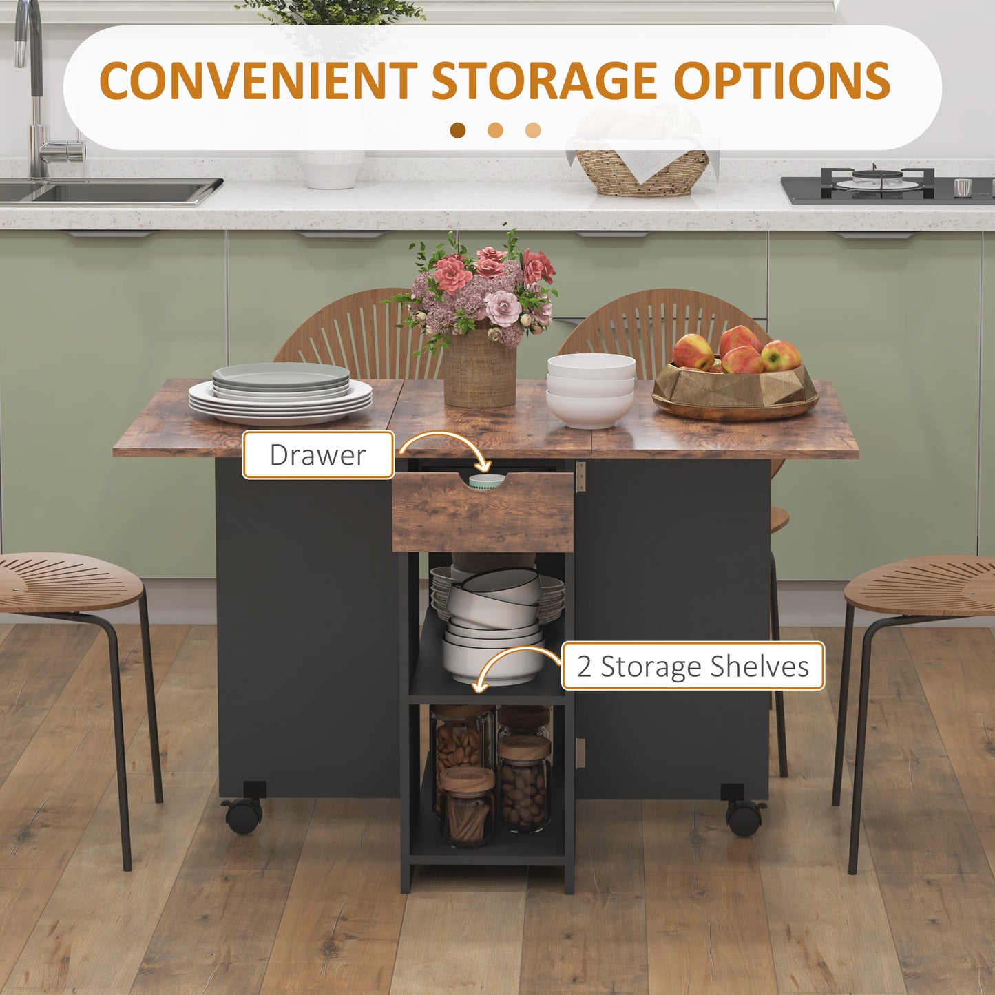 HOMCOM Folding Dining Table With Drop Leaves For Small Spaces Drawer And Storage Shelves Rustic Brown Finish