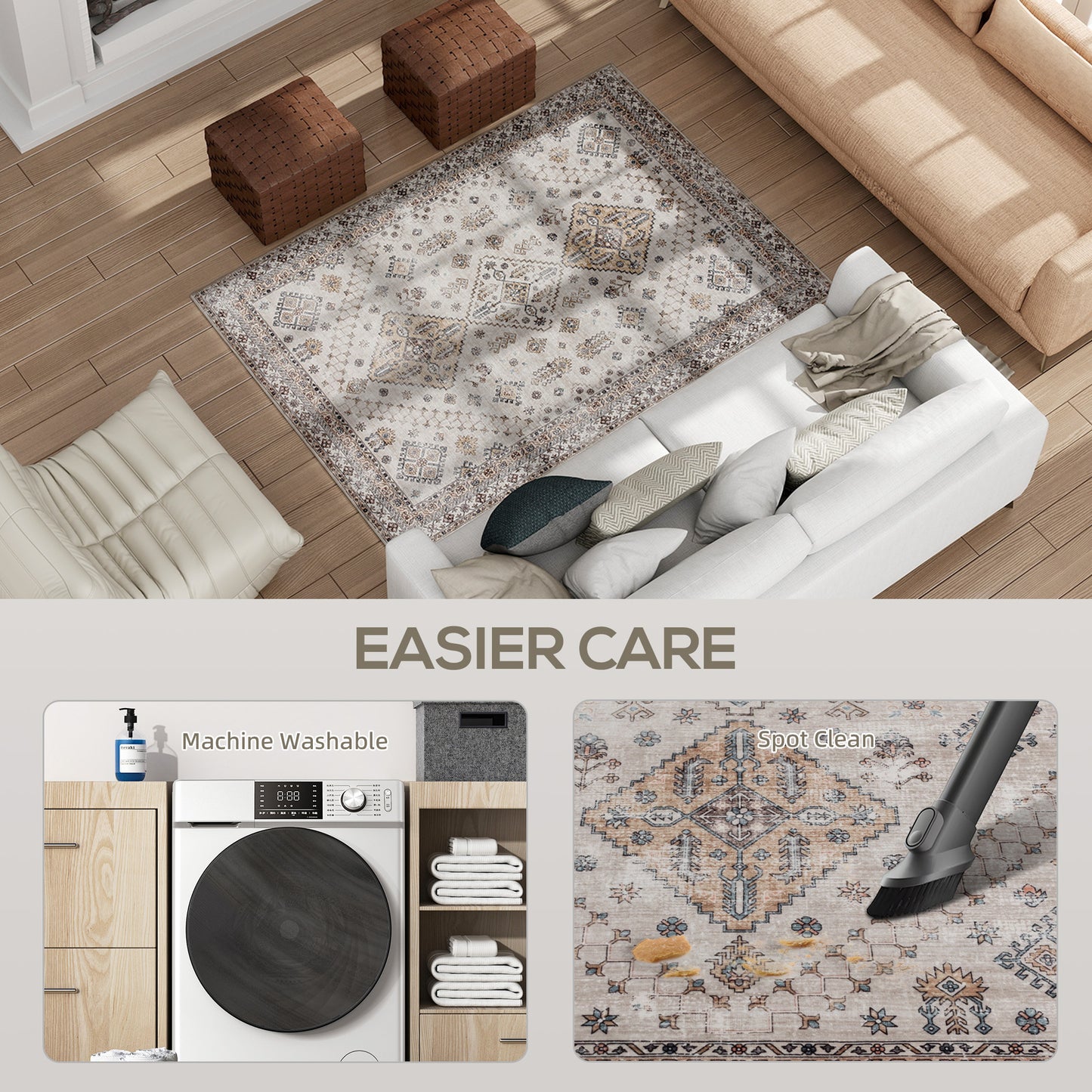 HOMCOM Vintage Area Rug Non Slip Washable Flannel Rug 170 x 120 cm Beige for Living Room Bedroom Dining Room