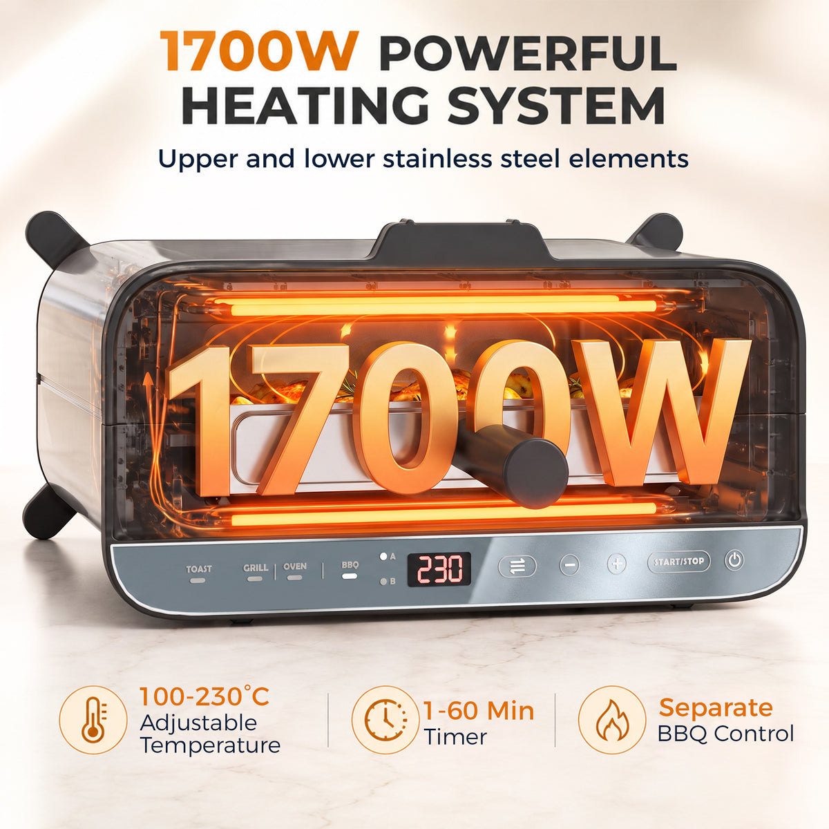 3-in-1 electric countertop oven showing glowing heating elements through the front window