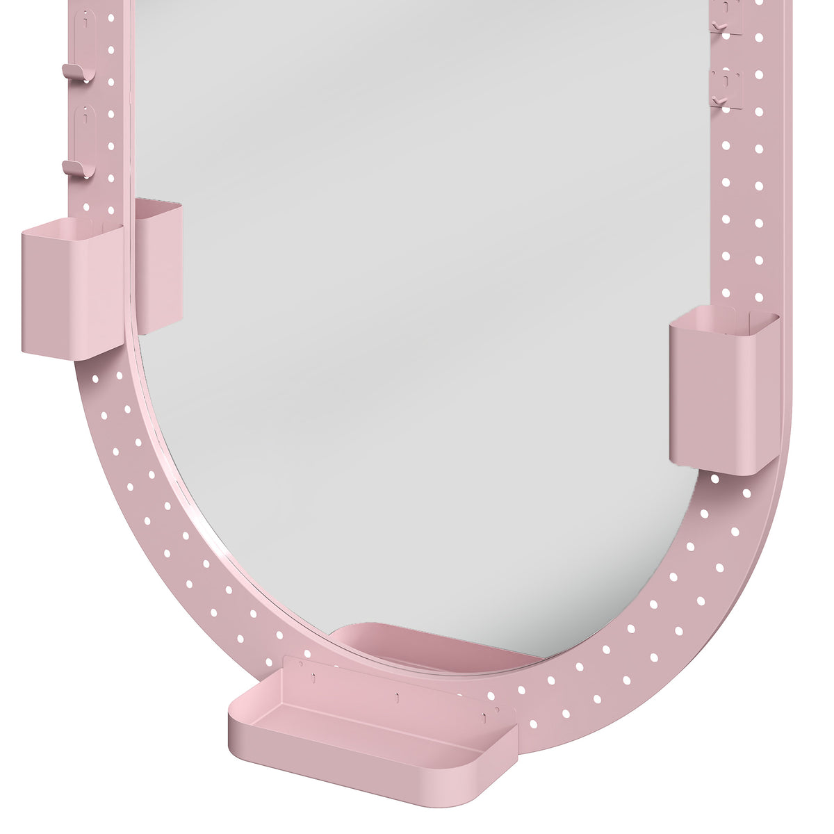 Oval wall mirror with pink pegboard frame and built-in bottom storage tray