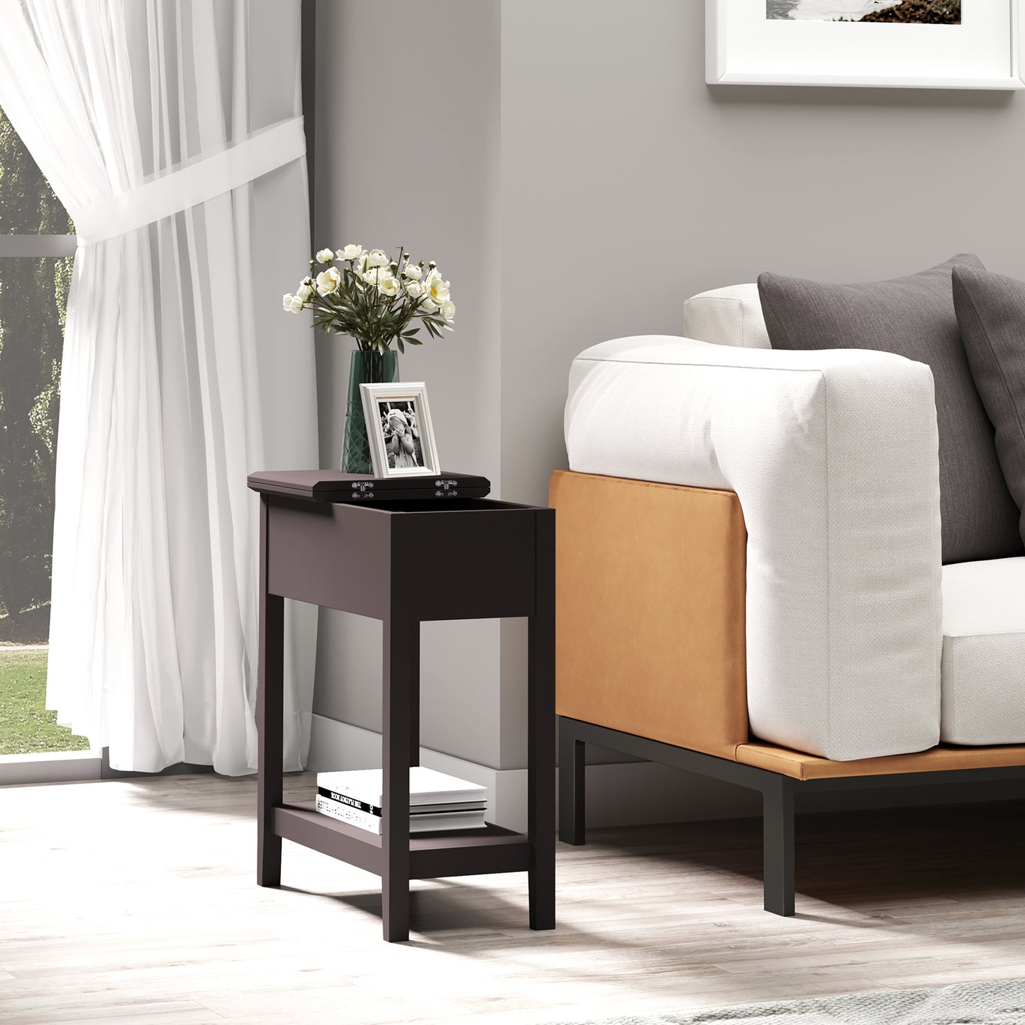 HOMCOM End Table, Narrow Side Table with Flip Top , Shelf, Dark Coffee