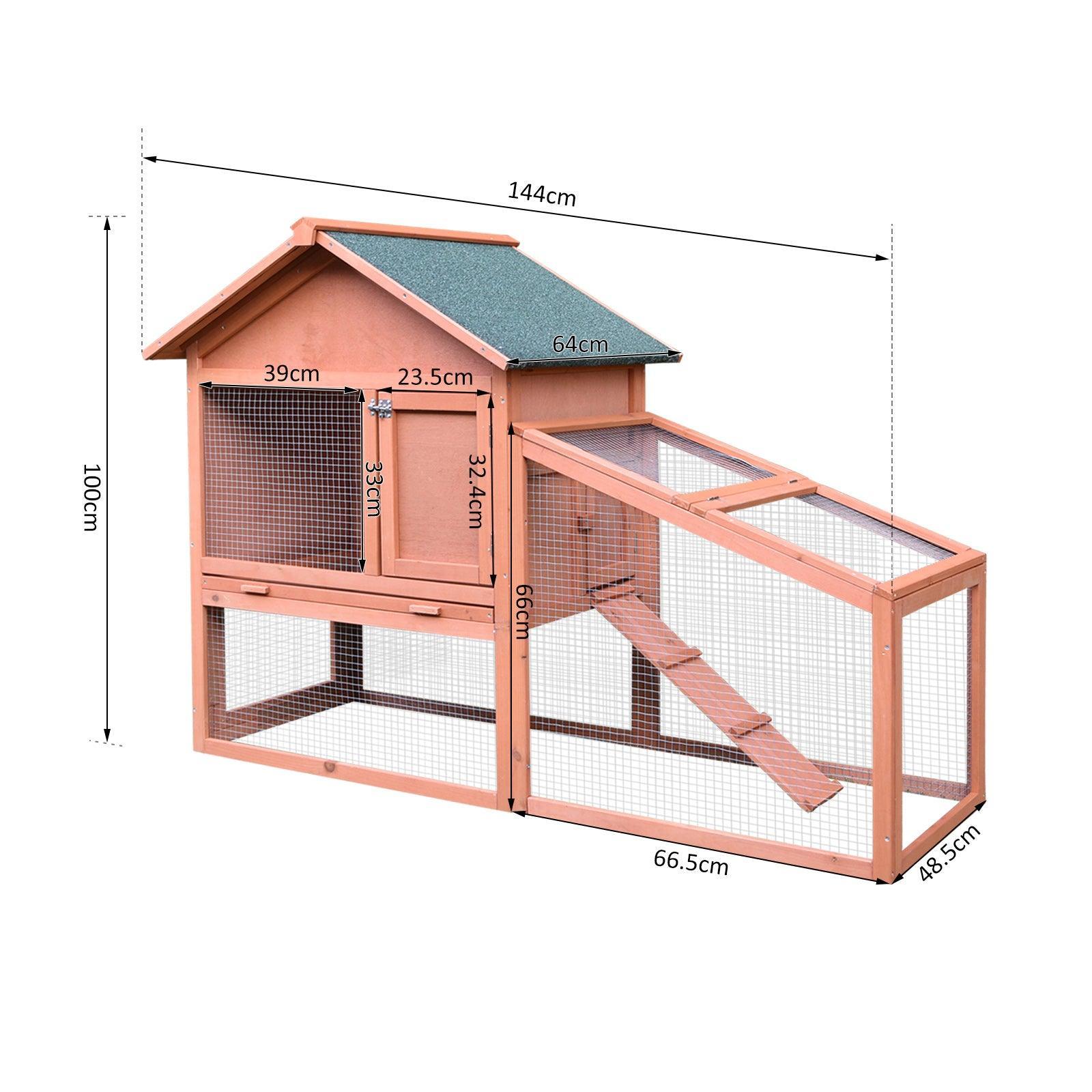 PawHut Rabbit Cage: Wood House, Slide Tray, Roof, 144 cm - ALL4U RETAILER LTD