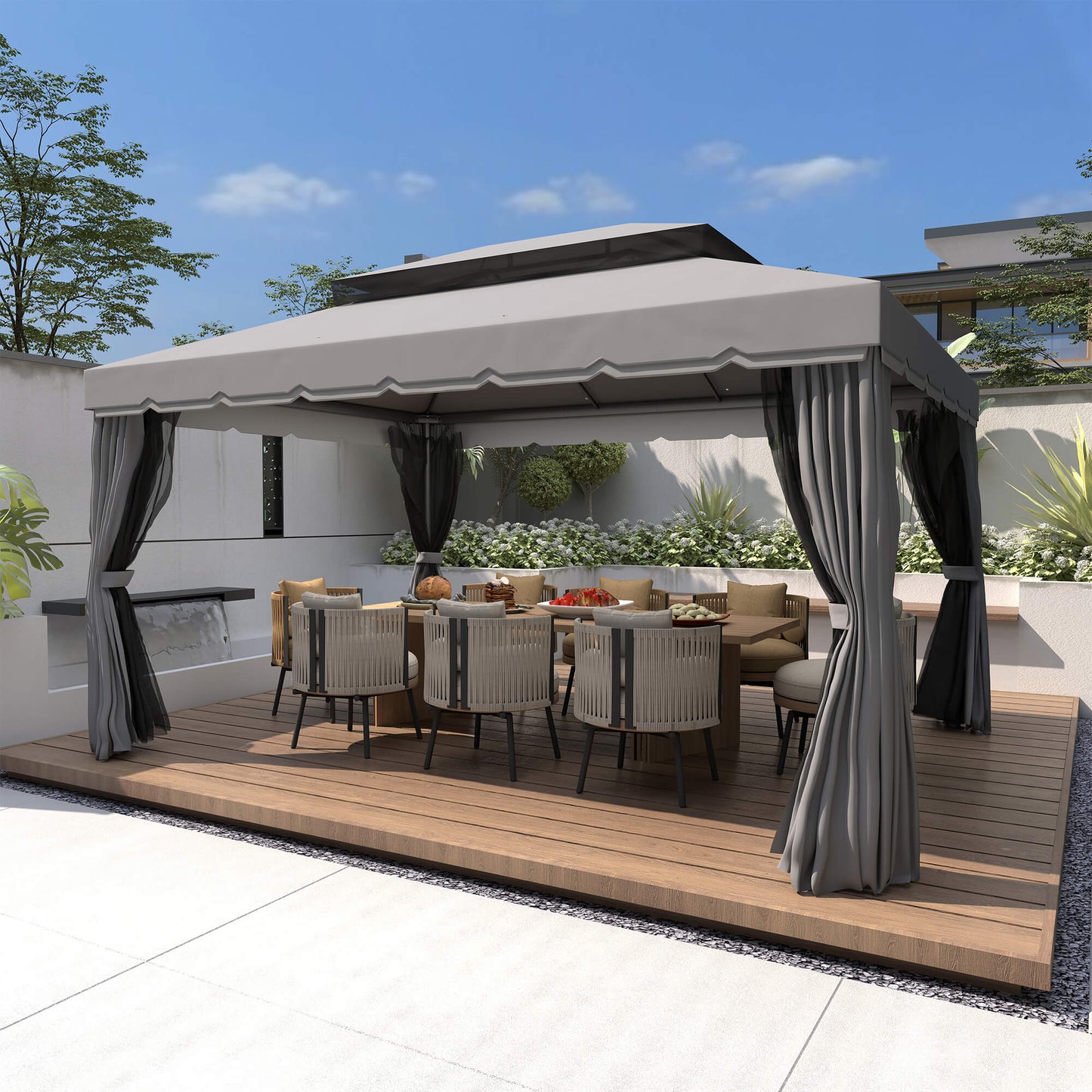 Outsunny 3 x 4m Aluminium GardenÂ Gazebo, Marquee Canopy Shelter Pavilion Party Tent with Nets and Curtains for Garden and Deck, Dark Grey