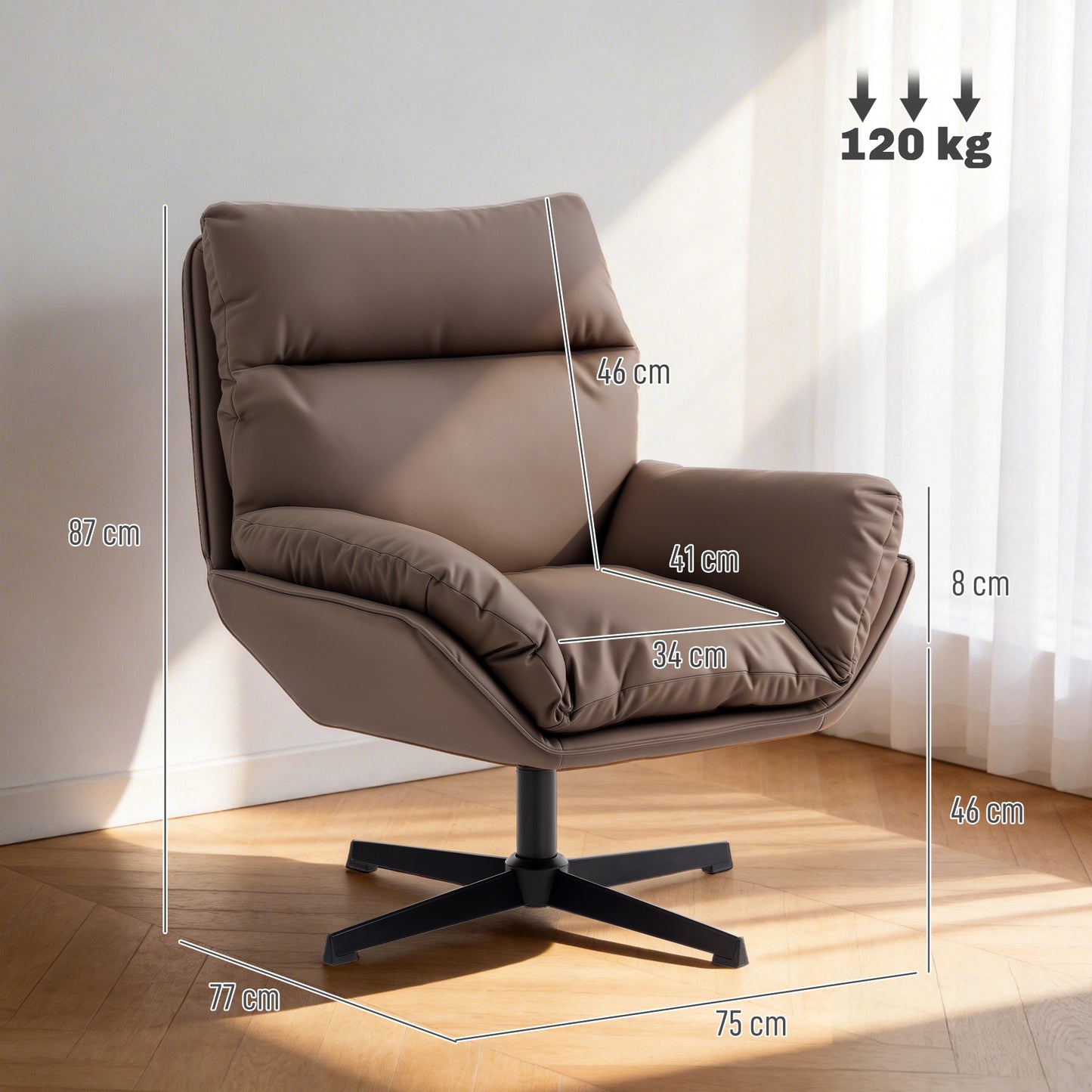 HOMCOM Accent Chair 360 Swivel Armchair For Living Room With Padded Cushion Cat Scratch Resistant Fabric Dark Brown