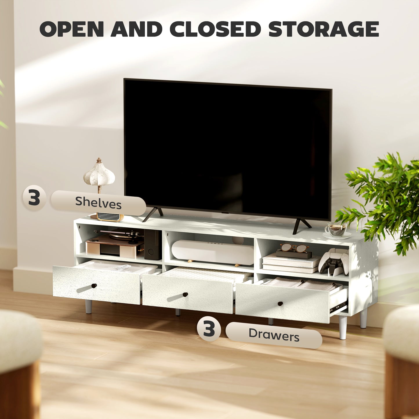 HOMCOM Cream White Multi Storage TV Stand With Three Shelves And Three Drawers Cable Management Up To 75 Inch Screen