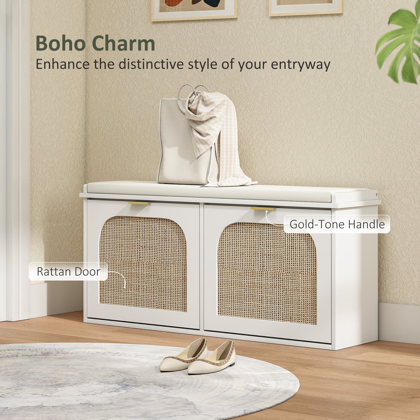 HOMCOM Boho Shoe Bench With Padded Seat And Two Flip Drawers White Entryway Organizer